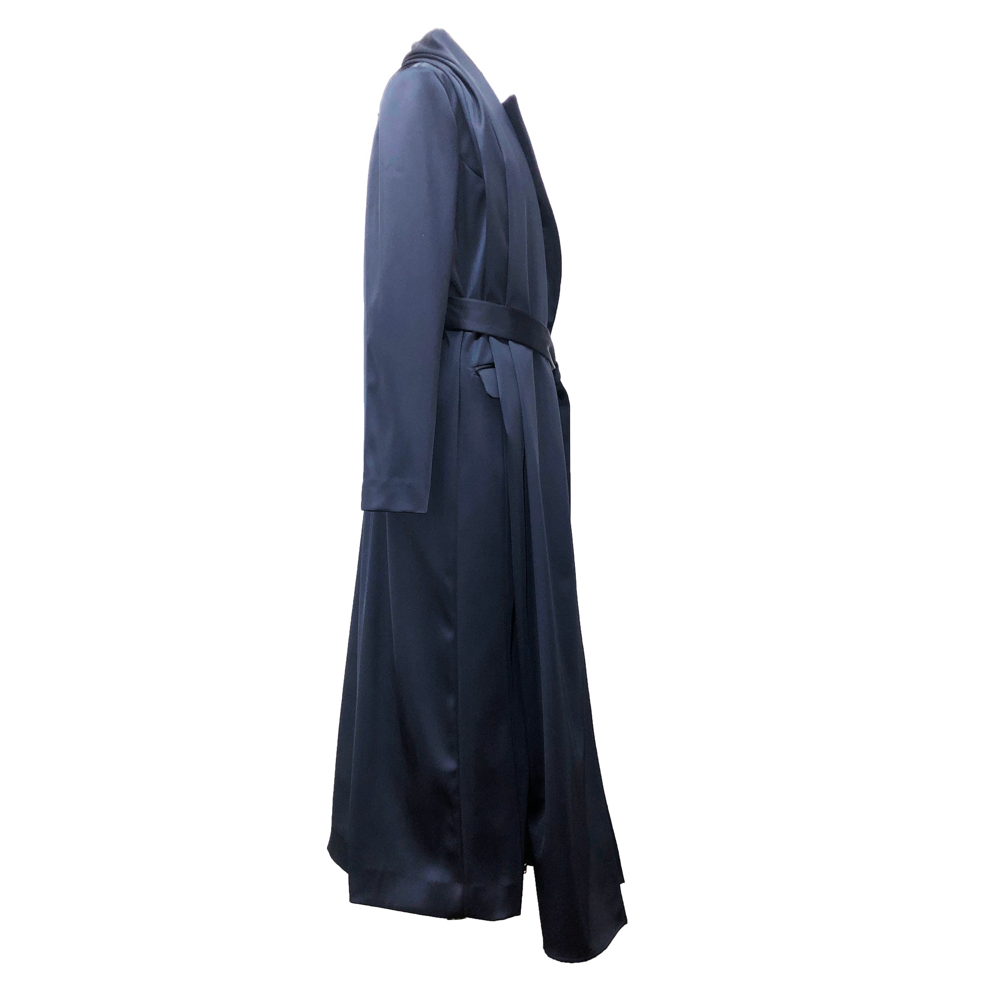 Side of navy stretch satin coat with transformable zippers and self tie belt