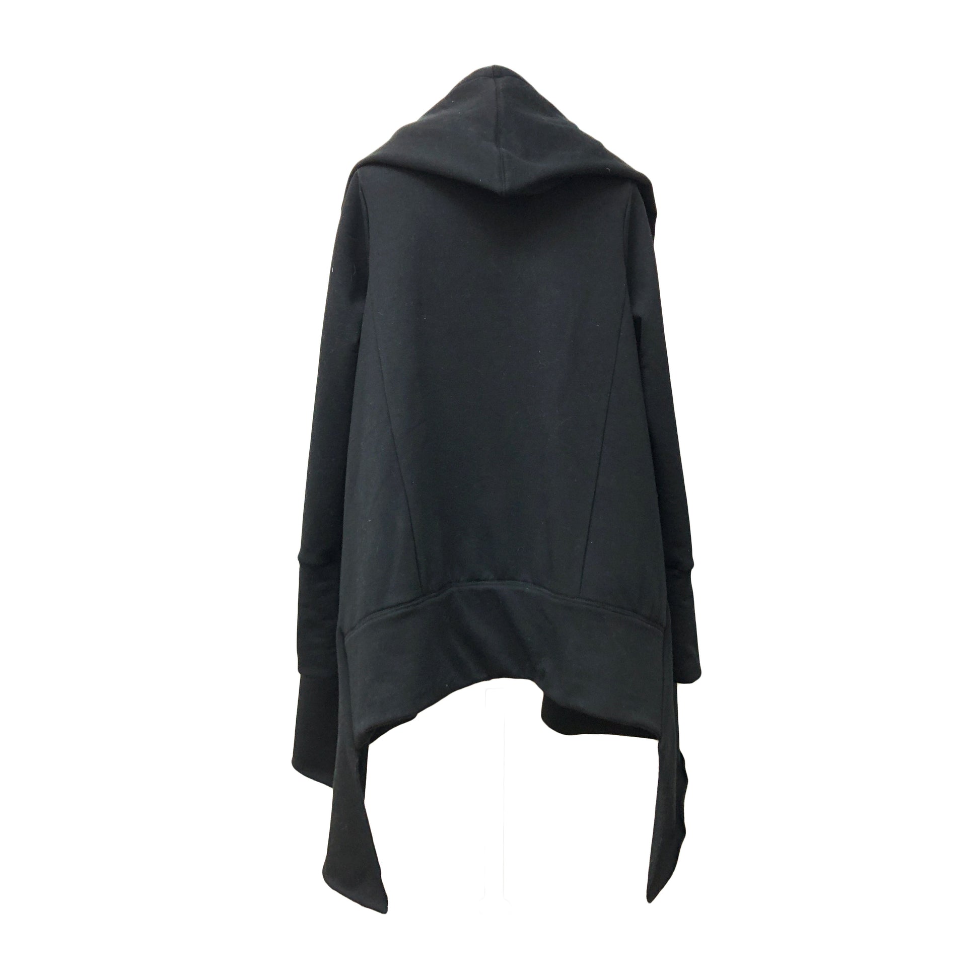 Back of loose black cardigan with adjustable shawl collar and fitted sleeves