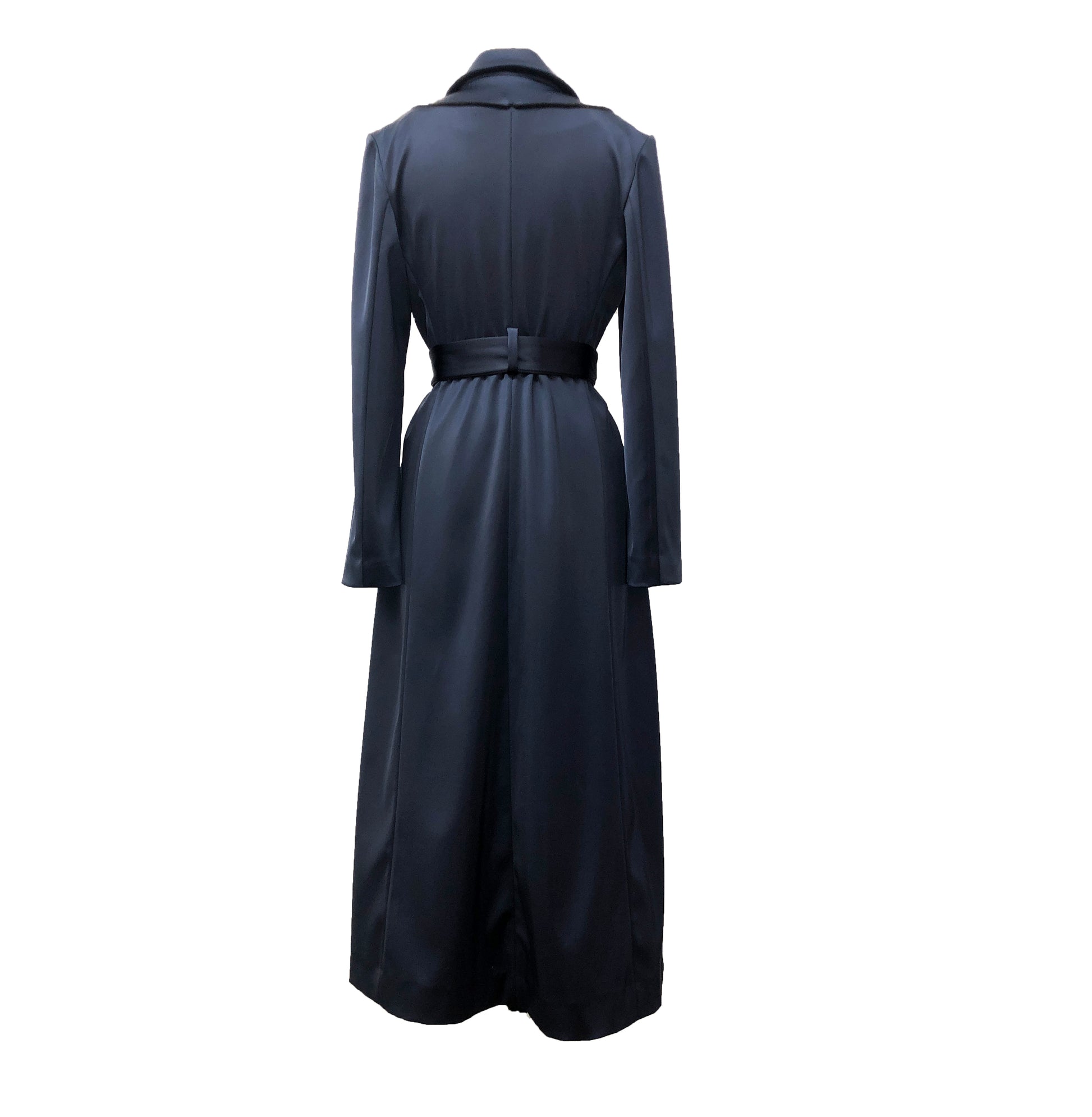 Back of navy stretch satin coat with transformable zippers and self tie belt
