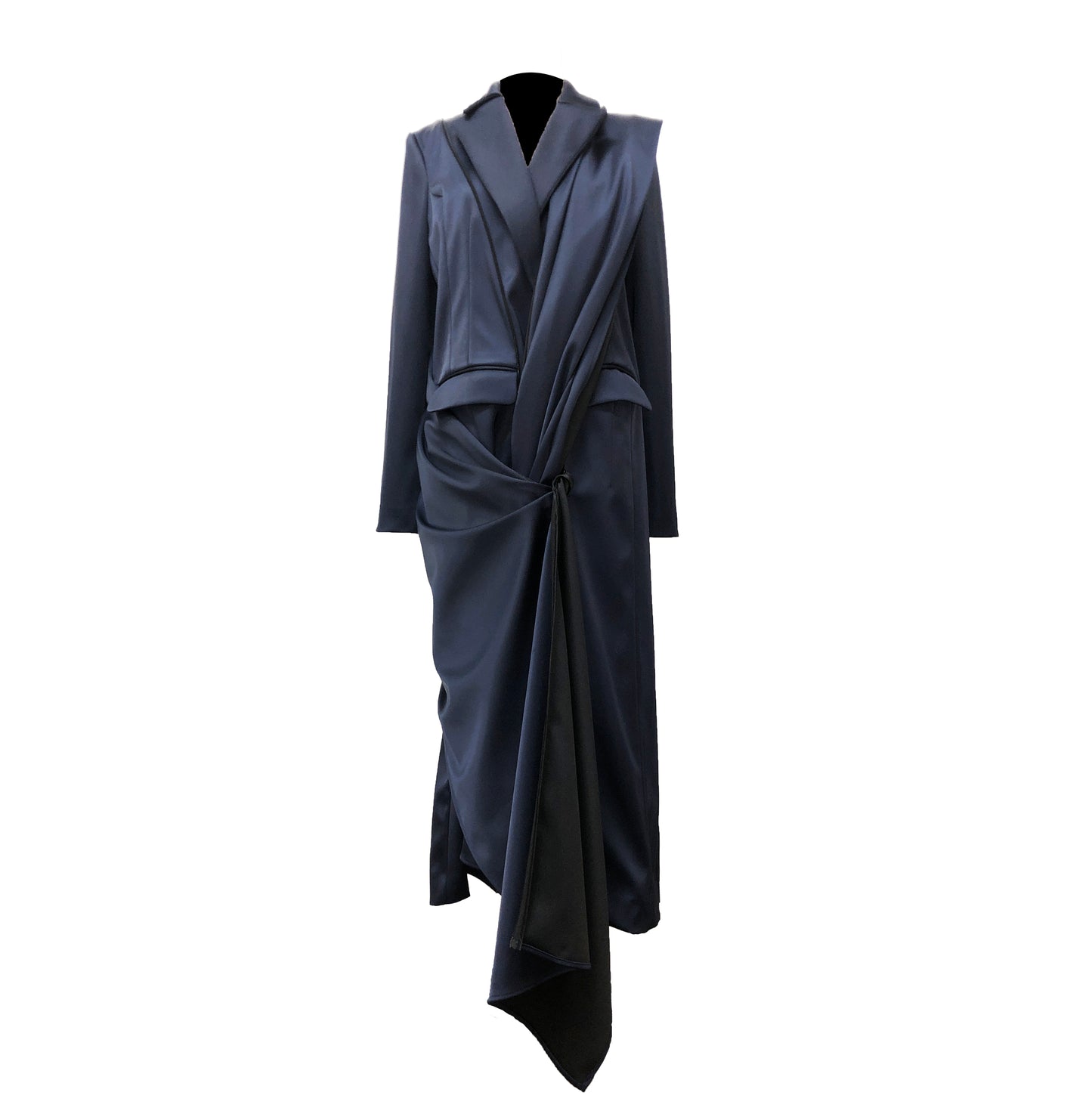 Front of navy stretch satin coat with transformable zippers and self tie belt with draped detail