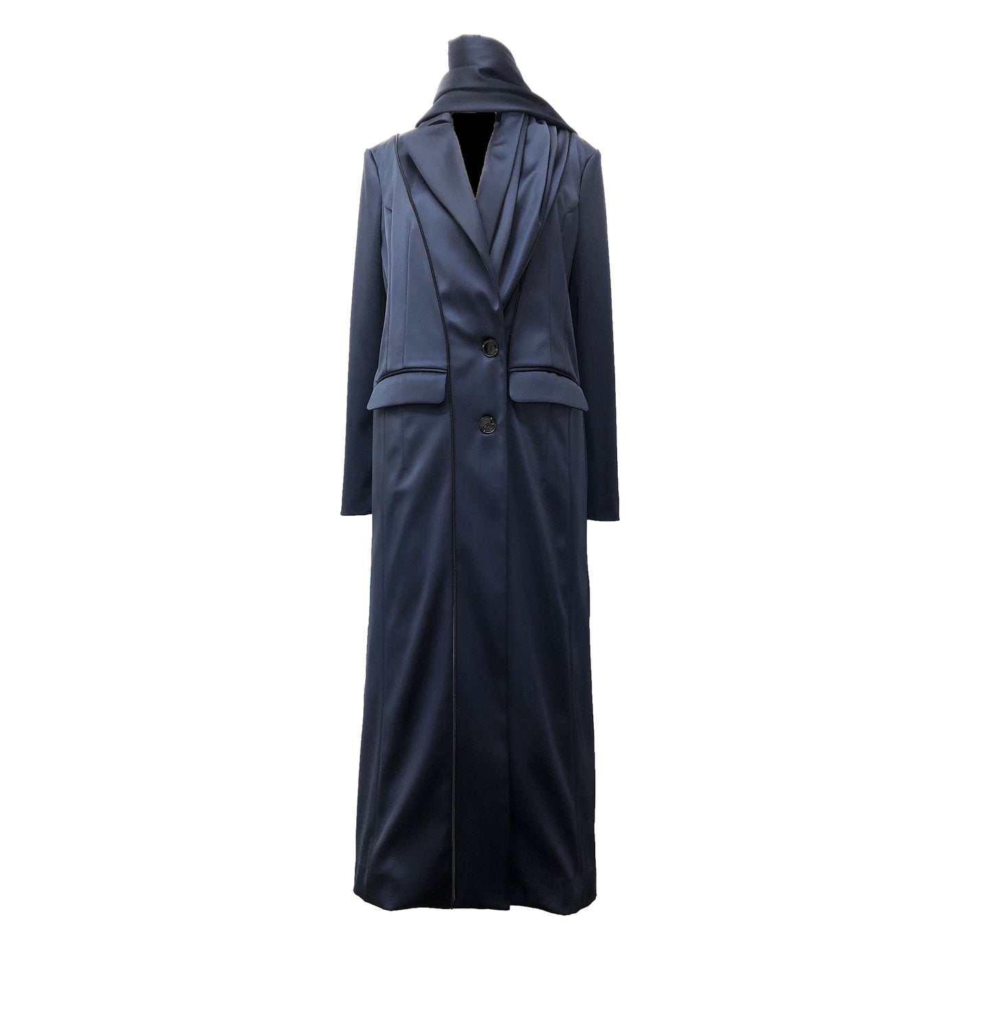 Navy stretch satin coat with transformable zippers and self tie belt with draped detail over the neck
