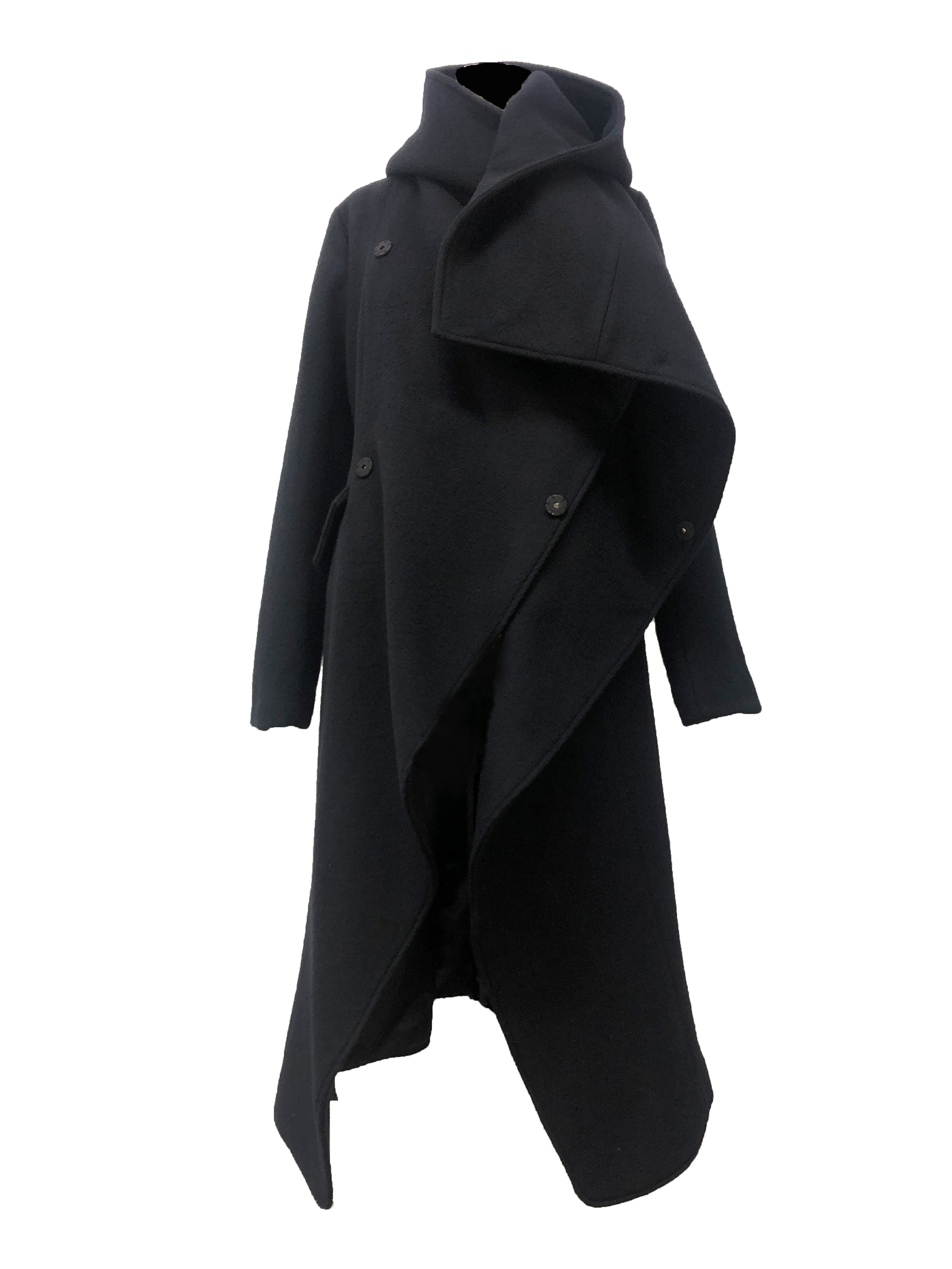 Medium length Black Coat with a hood alongside metal clip closures