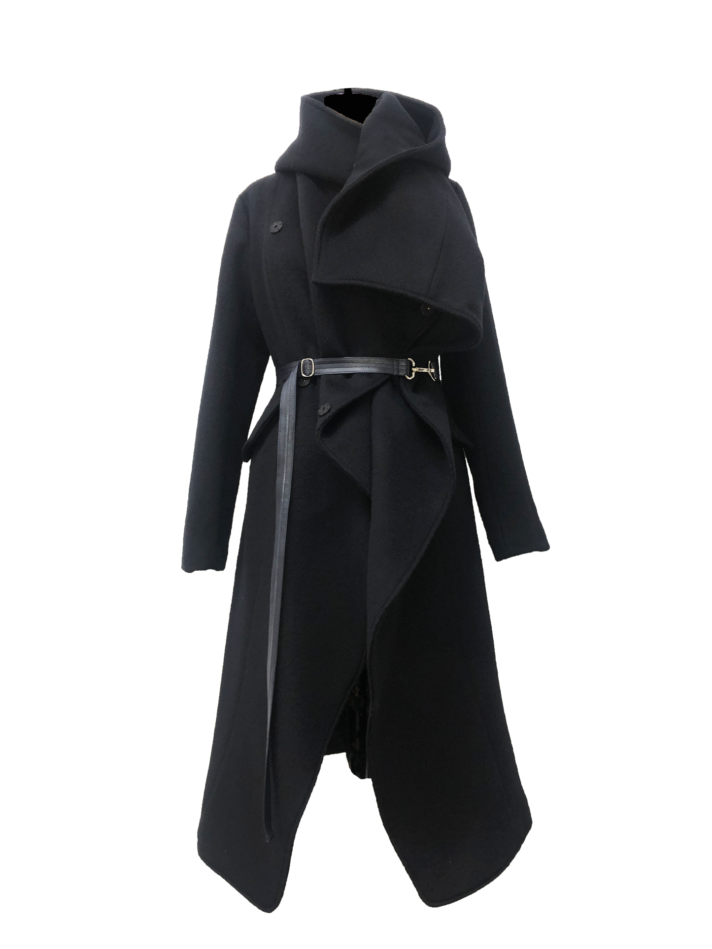Medium length Black Coat with a hood and adjustable lambskin leather belt alongside metal clip closures