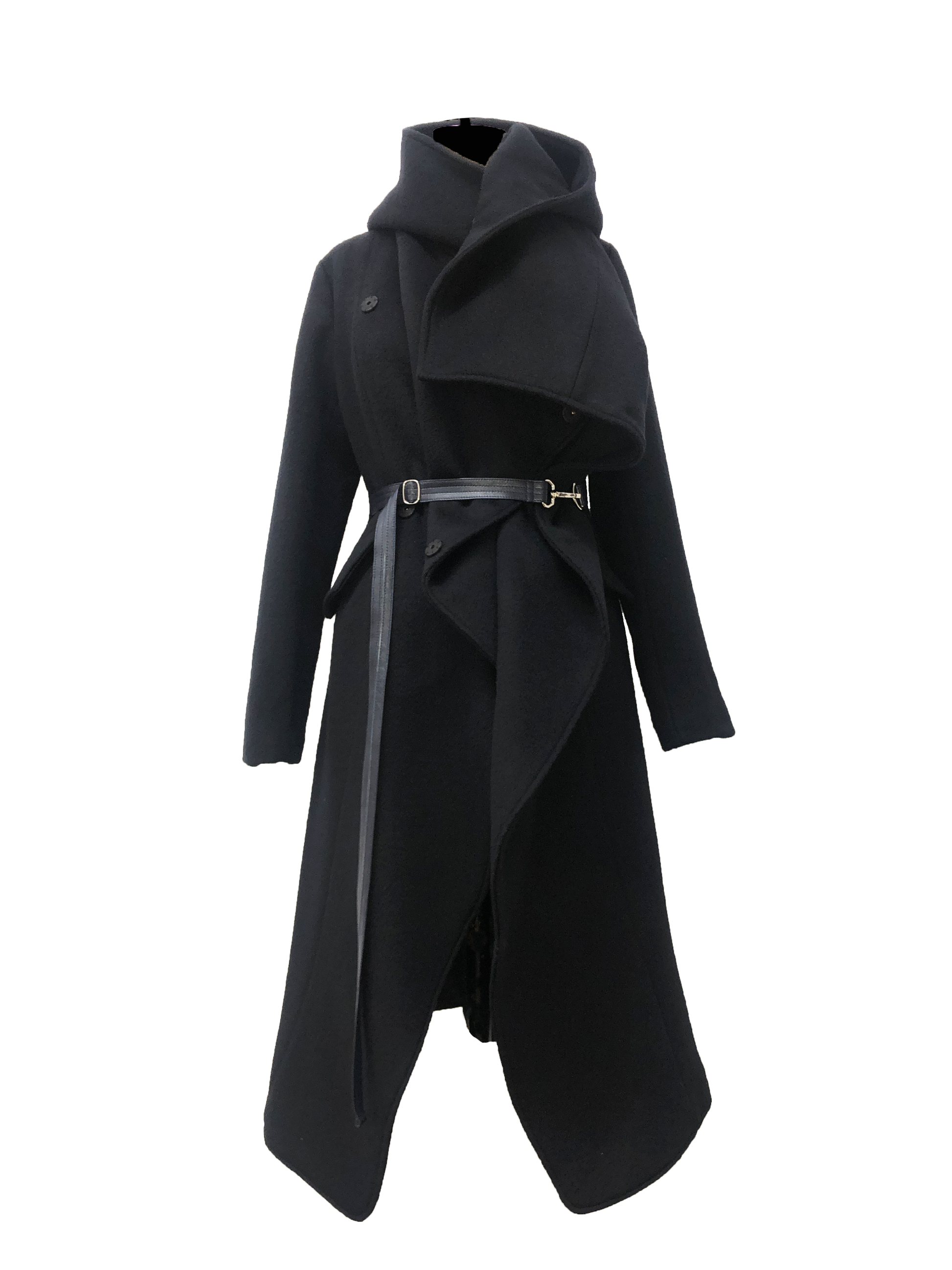 Medium length Black Coat with a hood and adjustable lambskin leather belt alongside metal clip closures