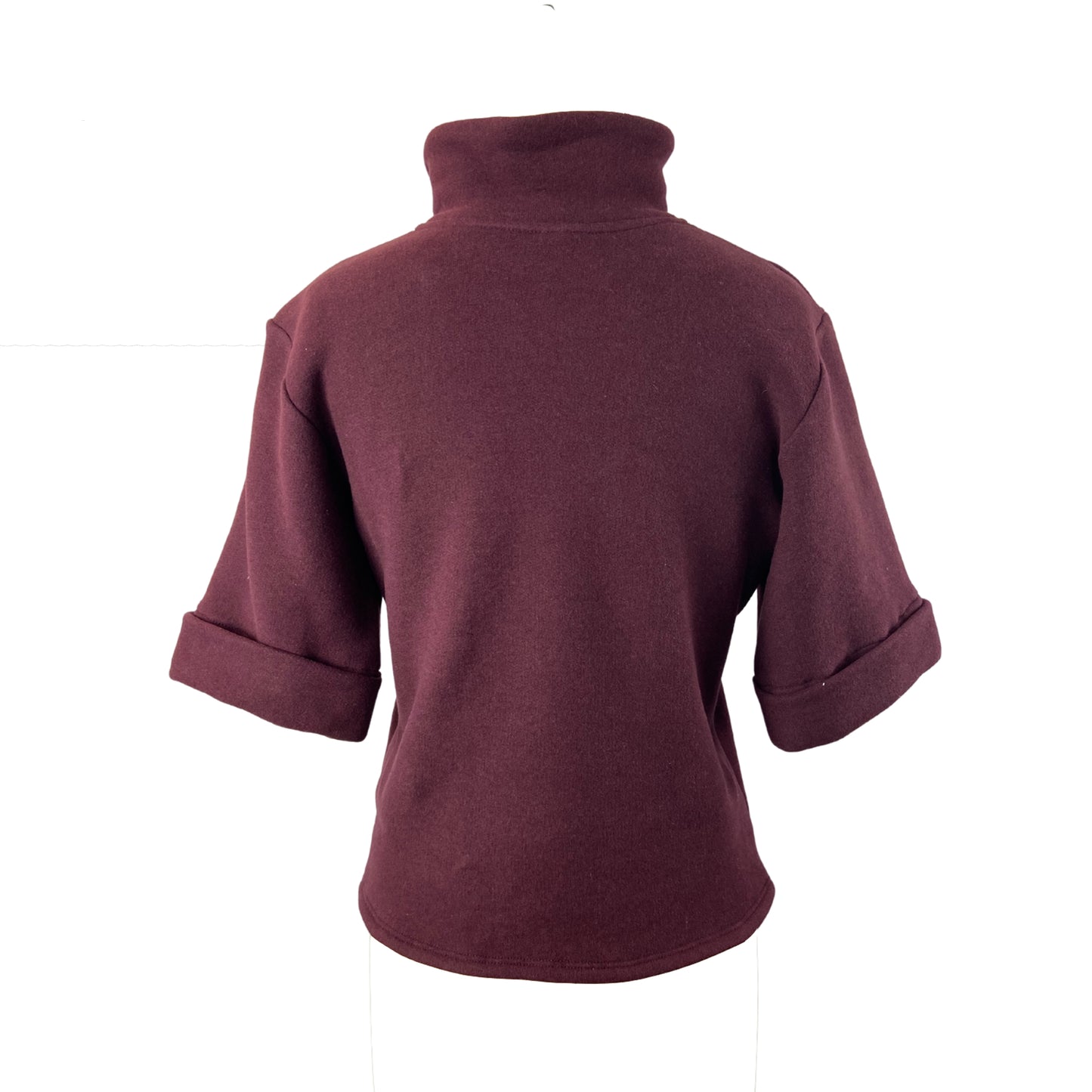 Back of Burgundy sweater with short sleeves and fold over collar