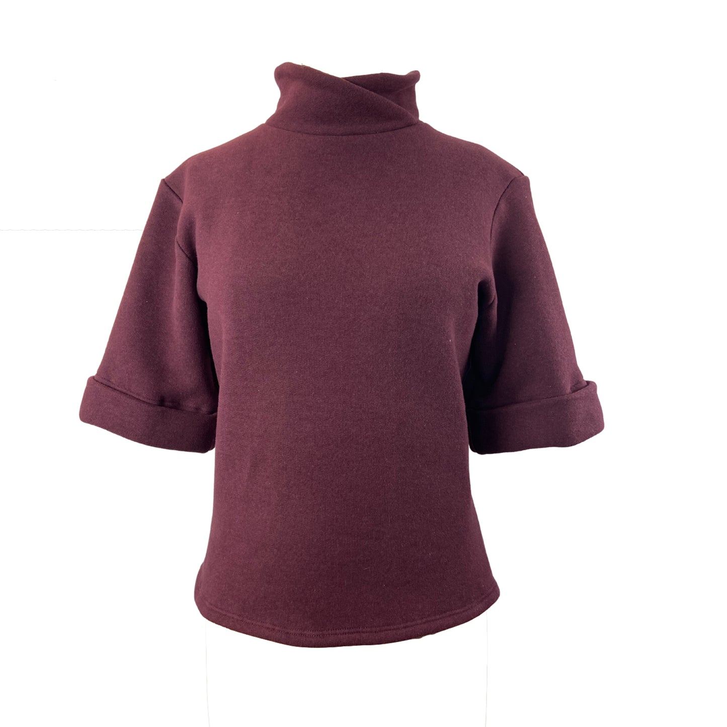 Burgundy sweater with short sleeves and fold over collar