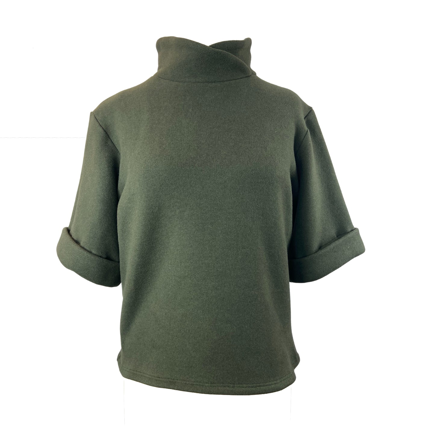 Back of olive sweater with short sleeves and fold over collar