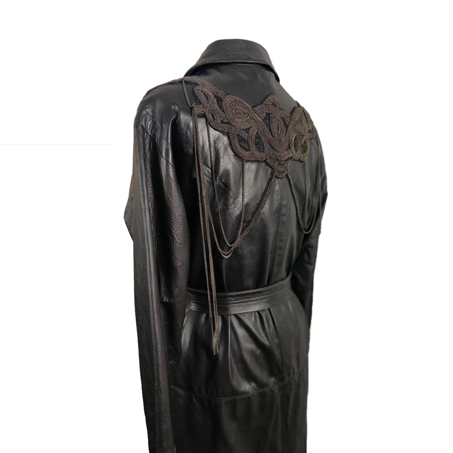 Back of black transitional lambskin trench coat with belt and metal chain embroidery