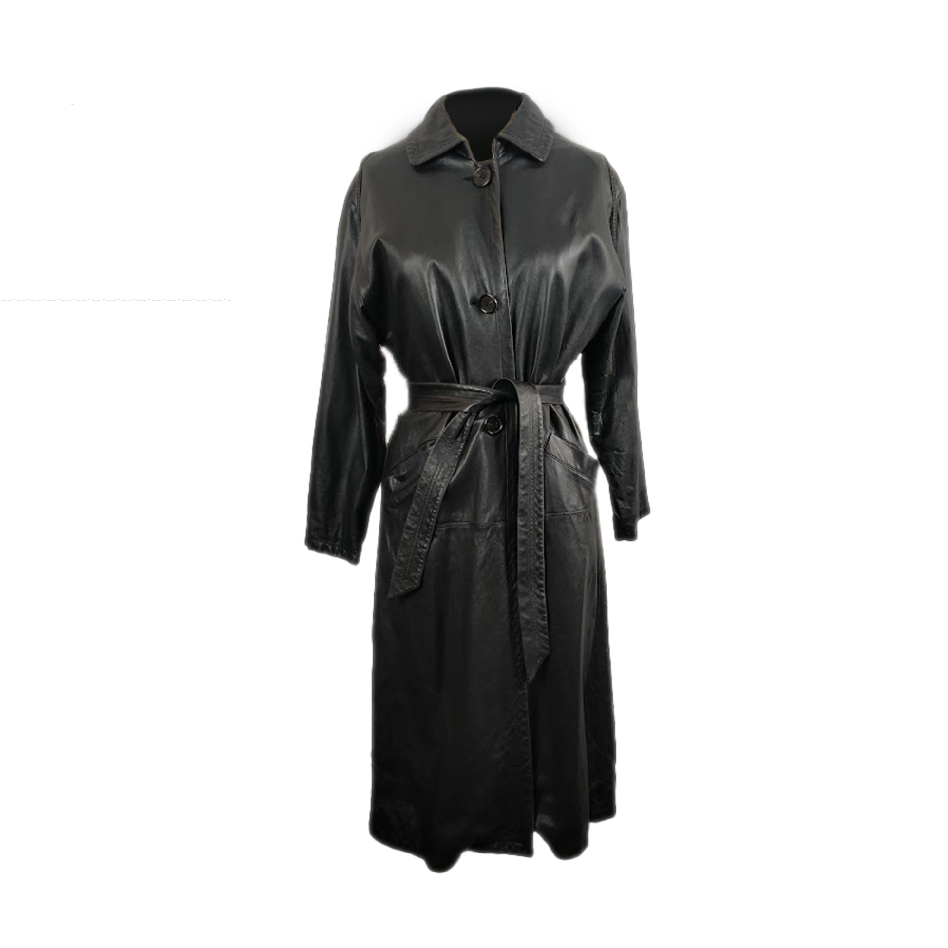 Black transitional lambskin trench coat with belt and back metal chain embroidery