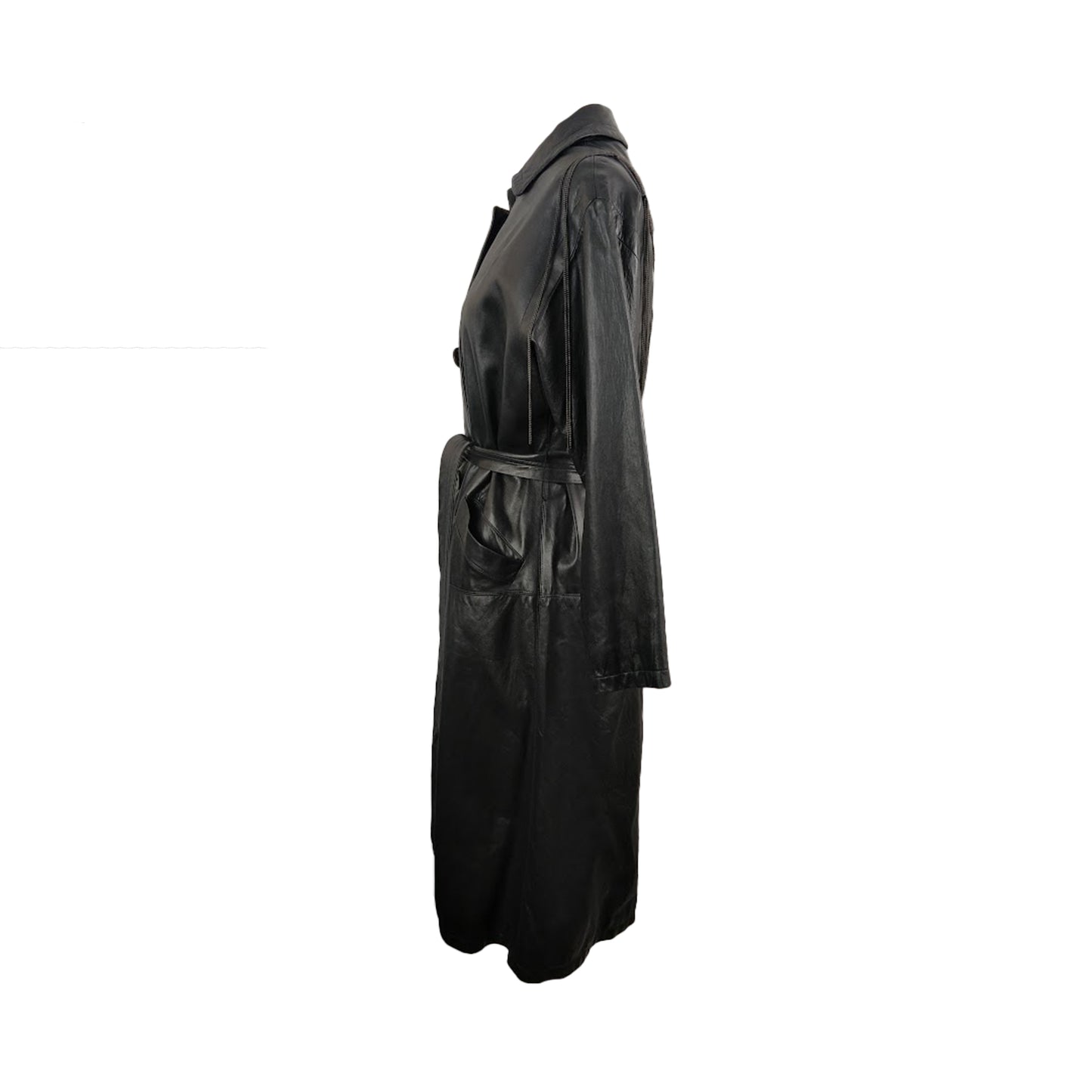 Side of black transitional lambskin trench coat with belt and back metal chain embroidery