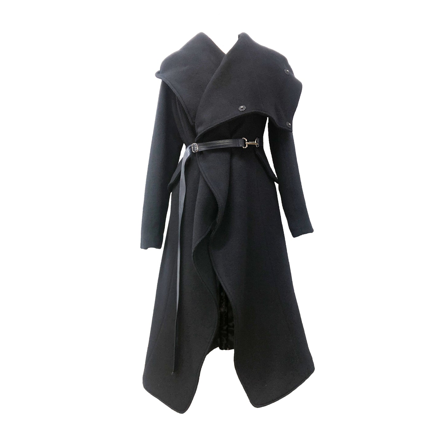 Medium length Black Coat with a hood and adjustable lambskin leather belt alongside metal clip closures 