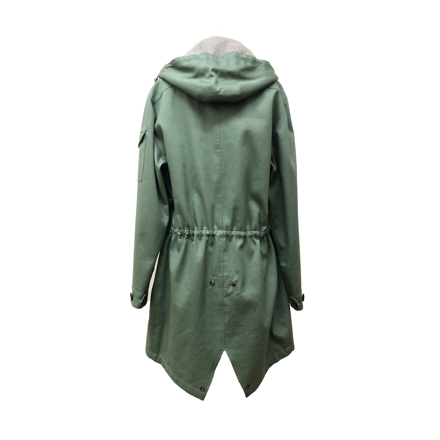 Back of unisex parka jacket with utility pockets, and hood patch pockets in double faced green.