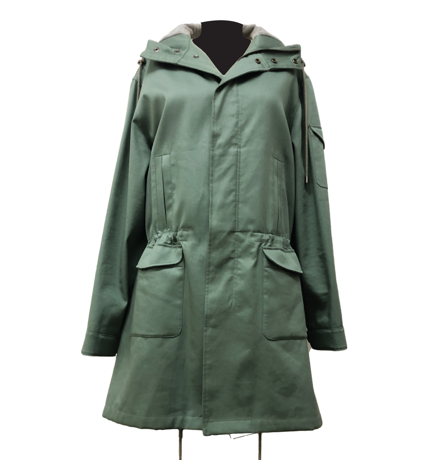 Unisex parka jacket with utility pockets, and hood patch pockets in double faced green.