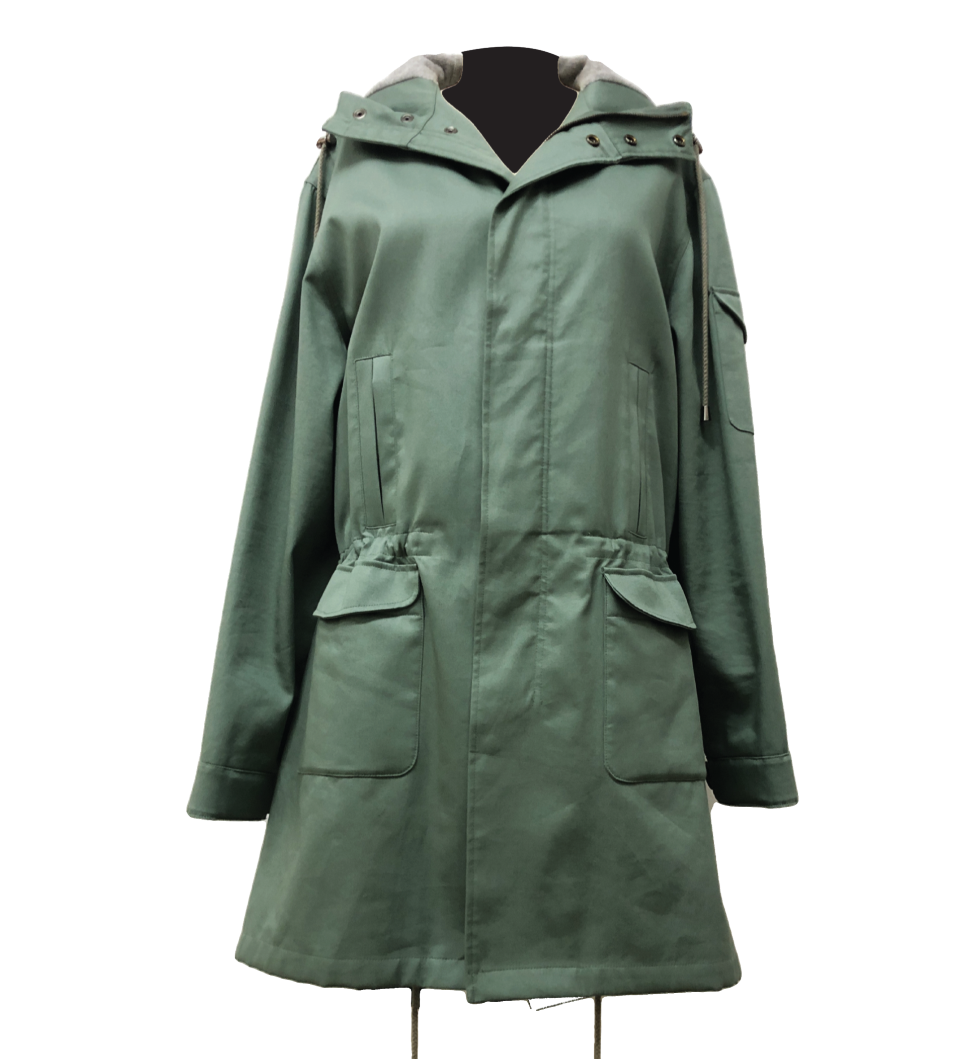 Unisex parka jacket with utility pockets, and hood patch pockets in double faced green.