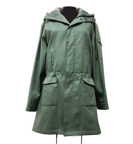 Unisex parka jacket with utility pockets, and hood patch pockets in double faced green.