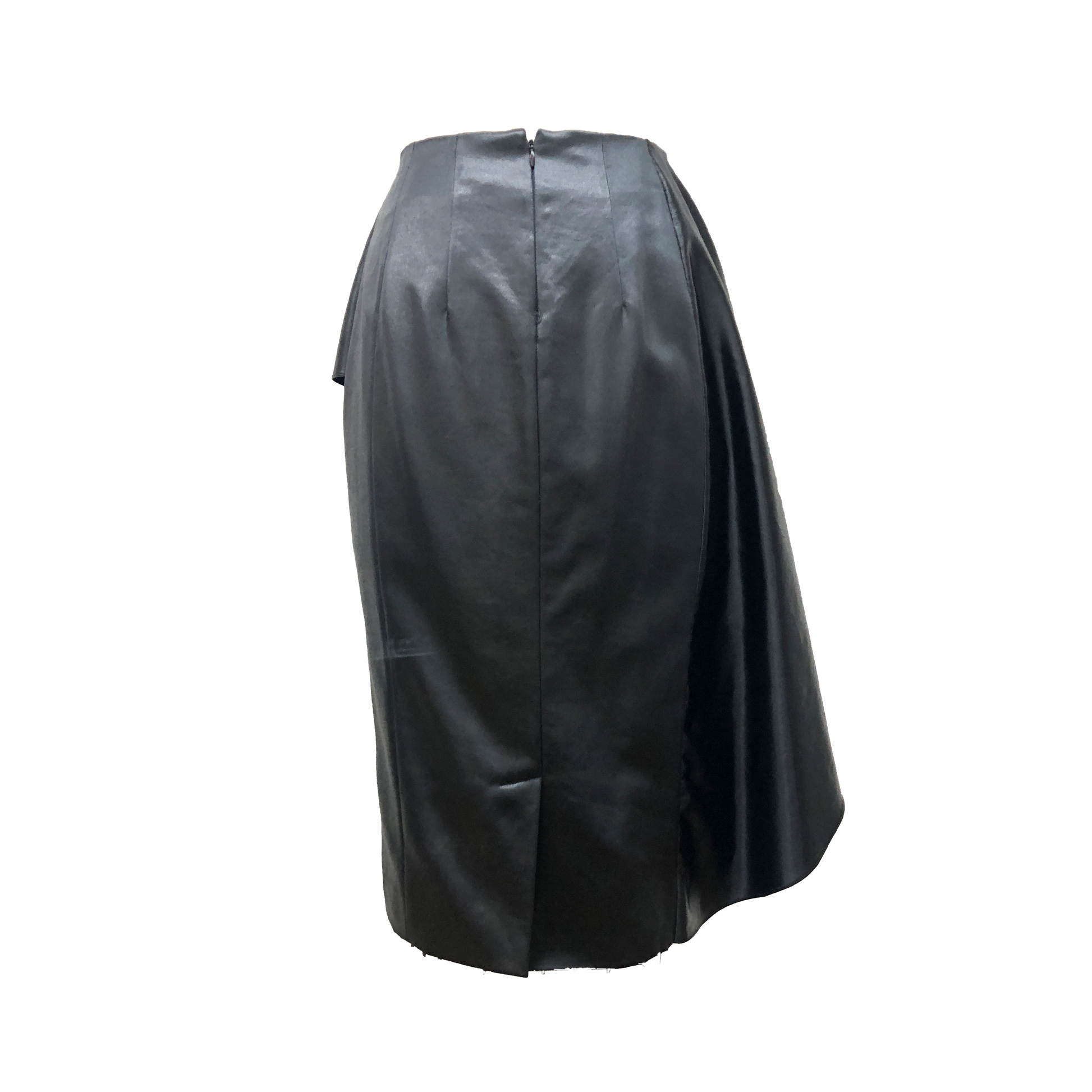 Back of shiny black cotton viscose pencil skirt with an asymmetric side flounce