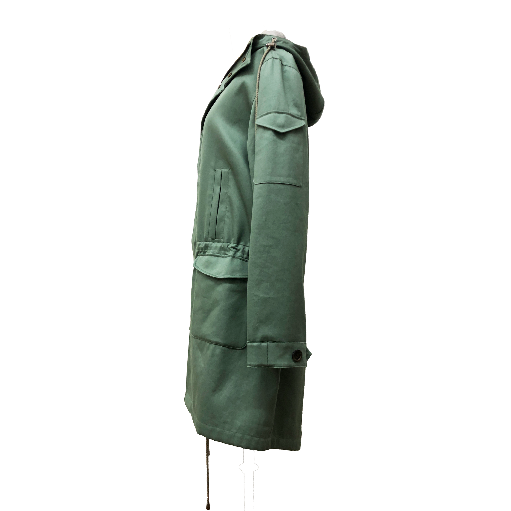 Side of unisex parka jacket with utility pockets, and hood patch pockets in double faced green.