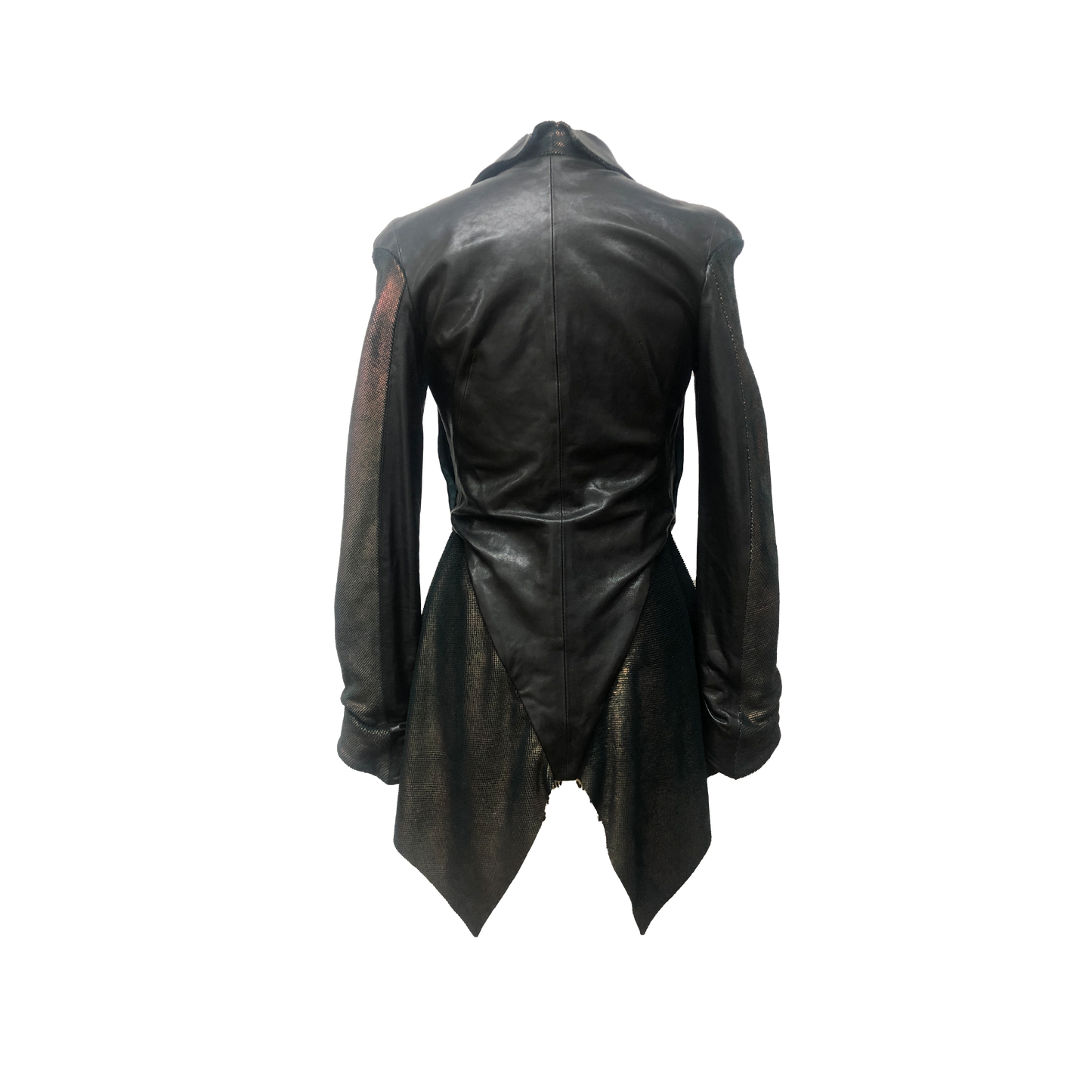 Back of black metallic scaly leather jacket with asymmetric zipper and flared bottom