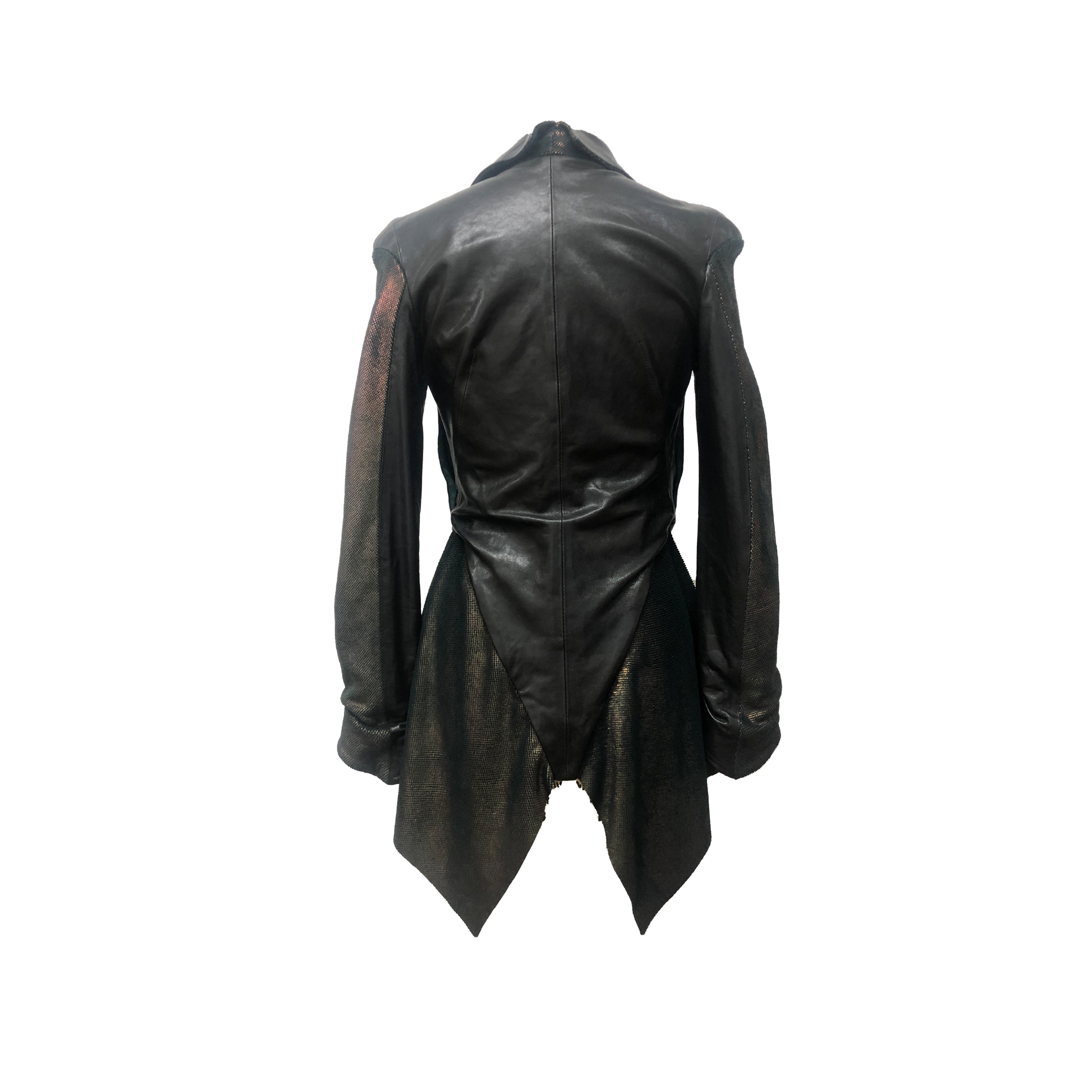 Back of black metallic scaly leather jacket with asymmetric zipper and flared bottom