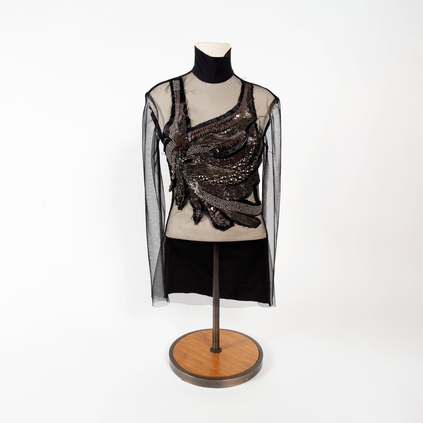 Sheer black leather and metallic embroidered top