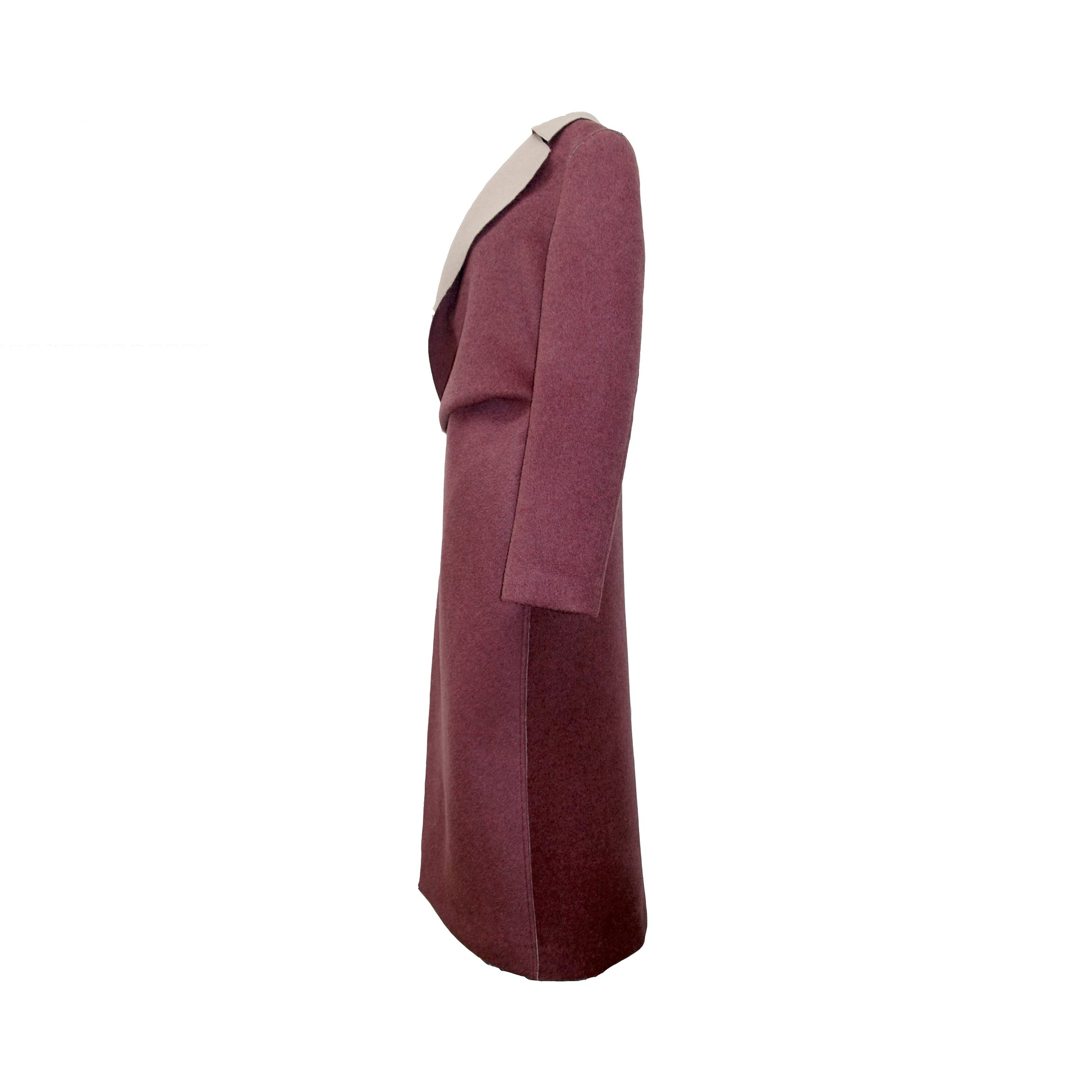 Side of tailored look double-face wool and cashmere blend raspberry pink coat