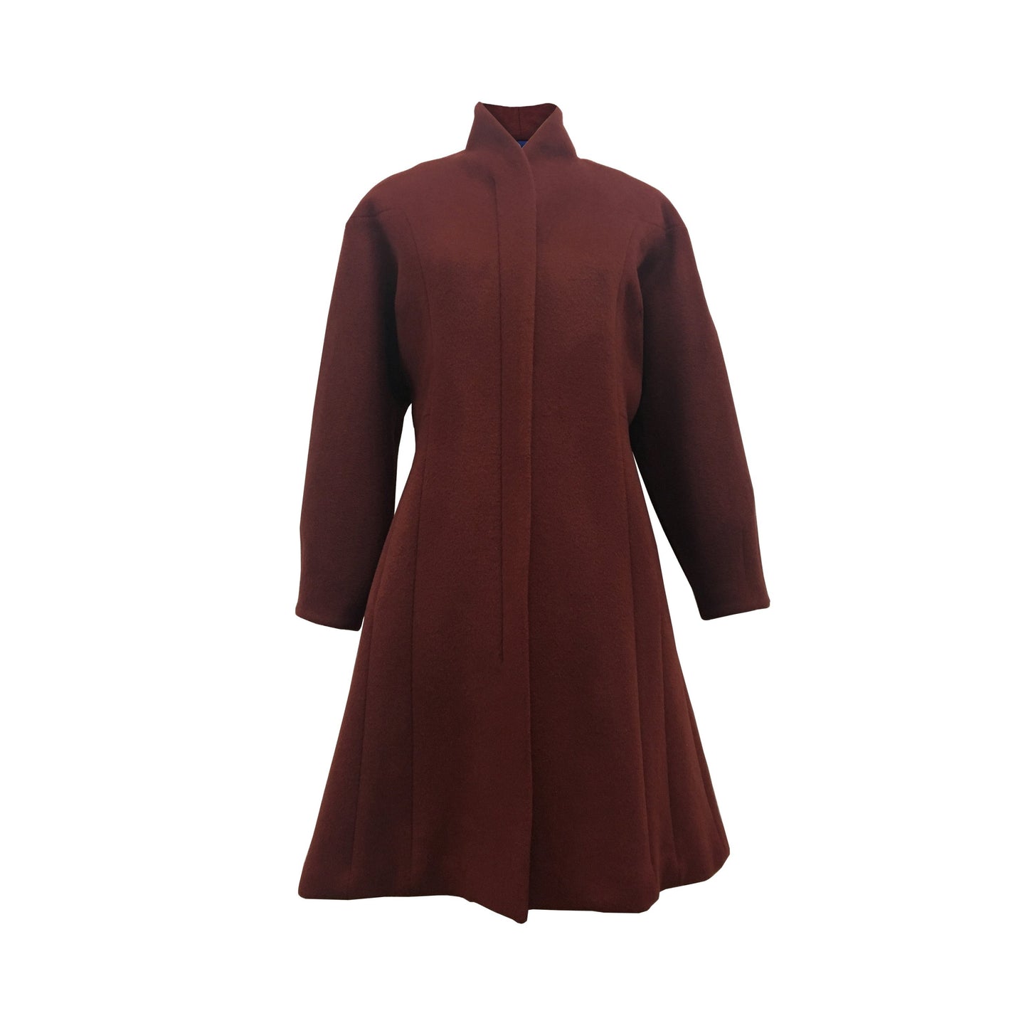 Structured fit-and-flare wool coat with shaped seam lines and funnel neck in Cinnamon Bark