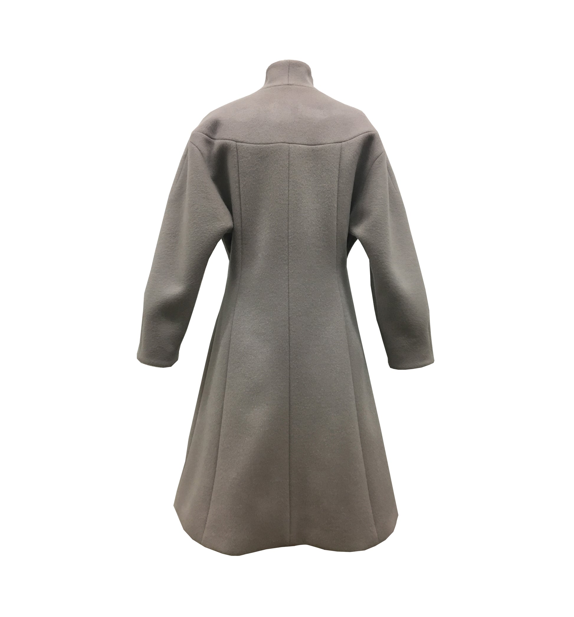 Back of structured fit-and-flare wool coat with shaped seam lines and funnel neck in Mink