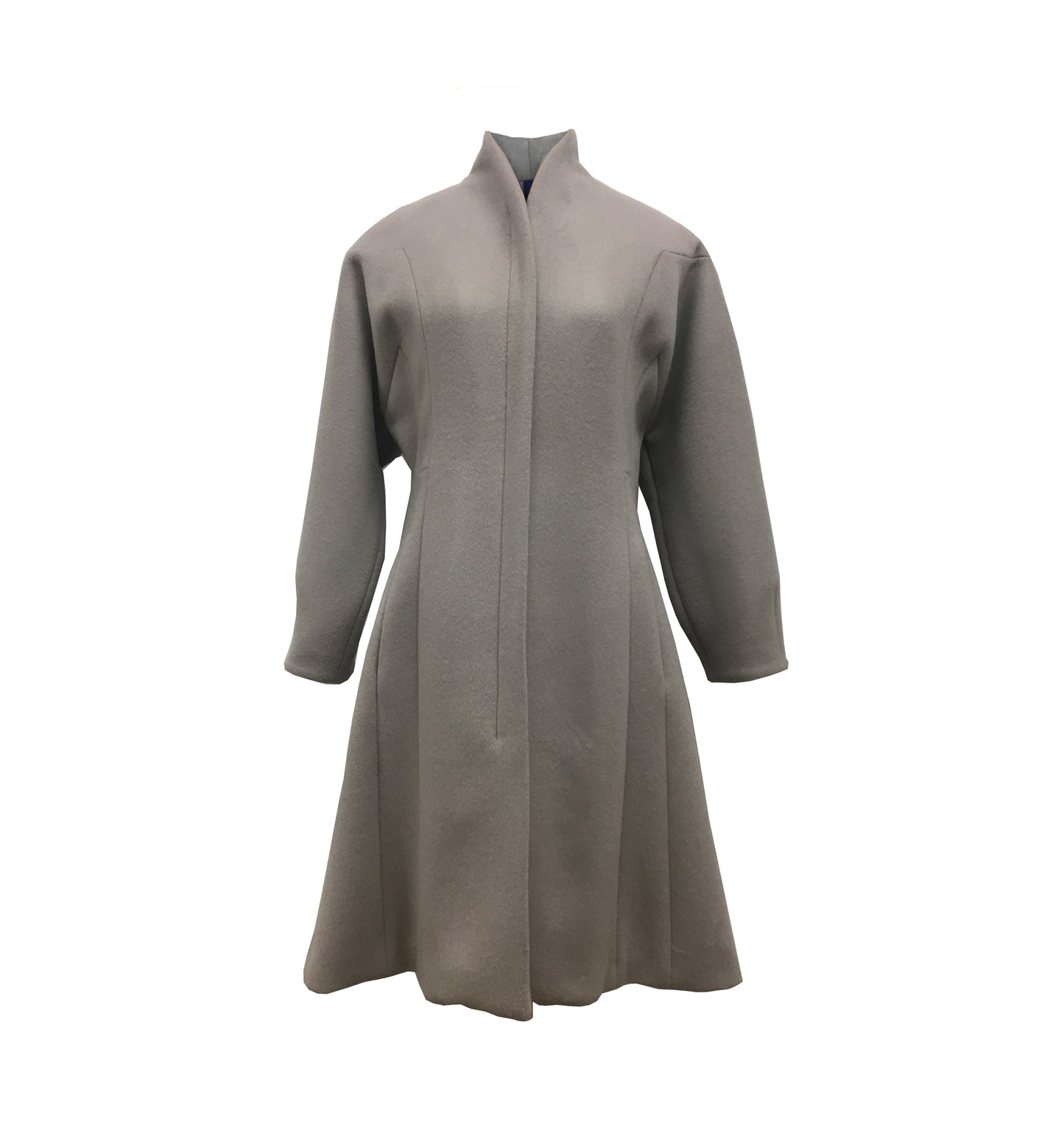 Structured fit-and-flare wool coat with shaped seam lines and funnel neck in Mink