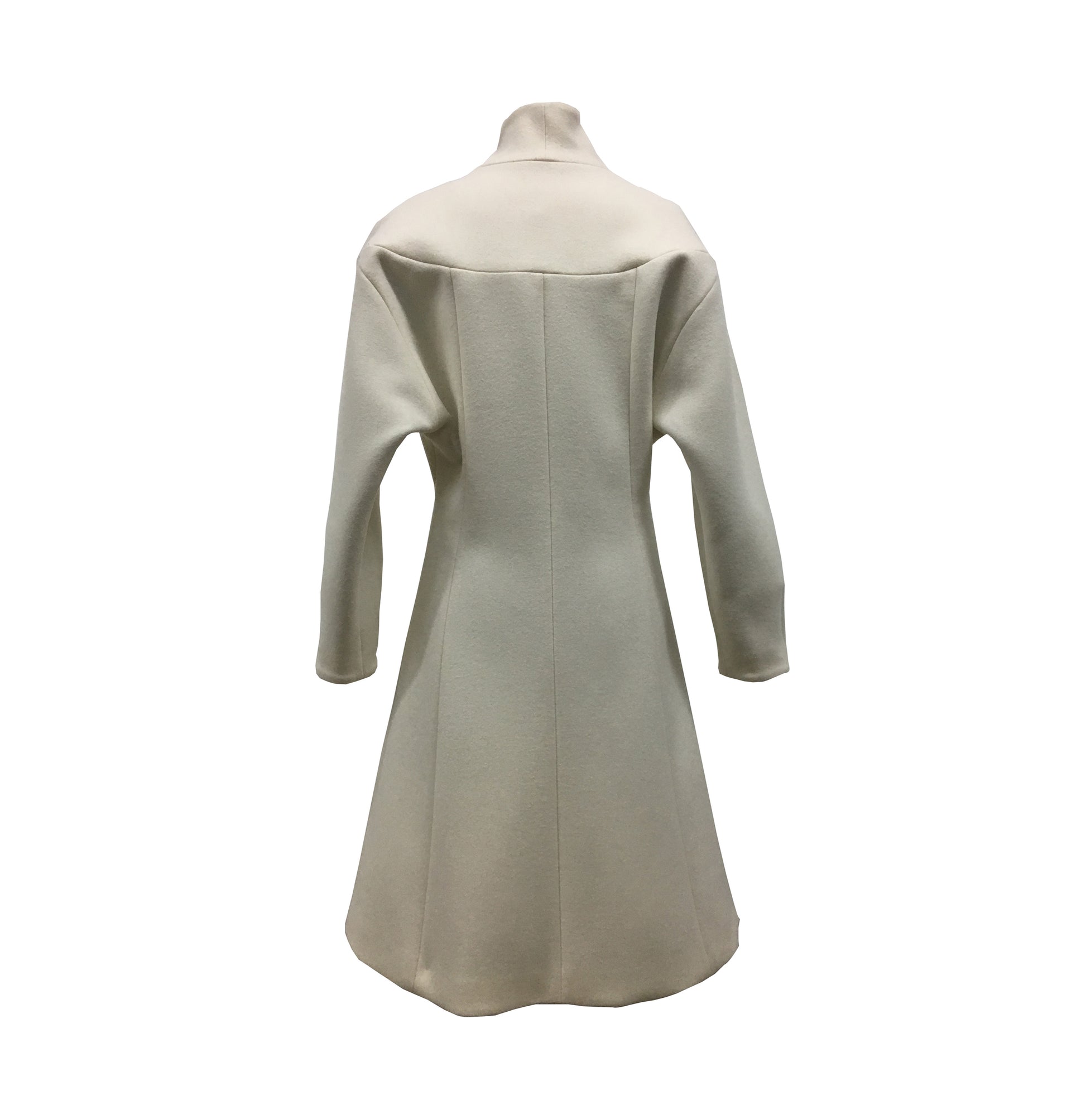 Back of structured fit-and-flare wool coat with shaped seam lines and funnel neck in White