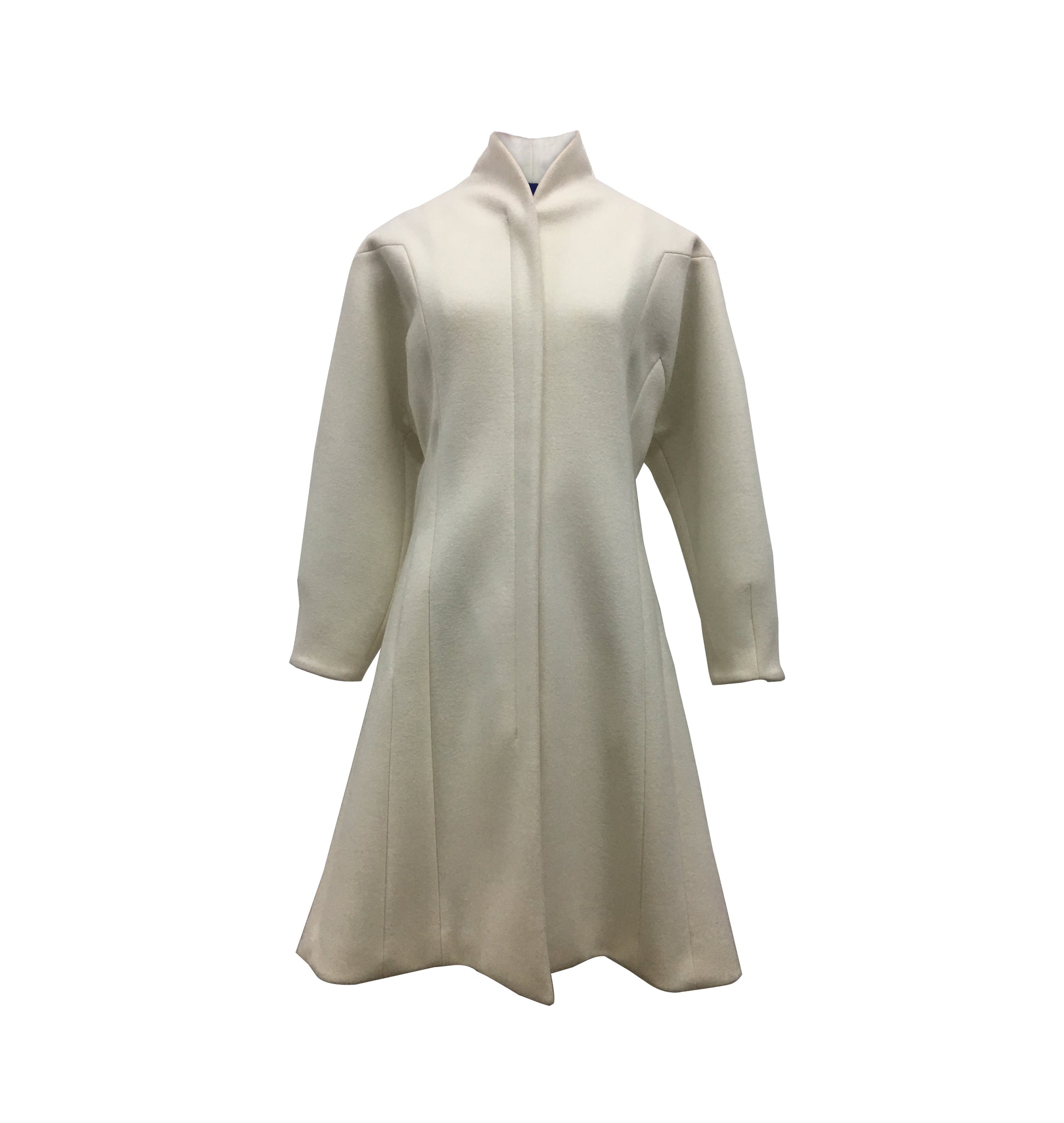 Structured fit-and-flare wool coat with shaped seam lines and funnel neck in White