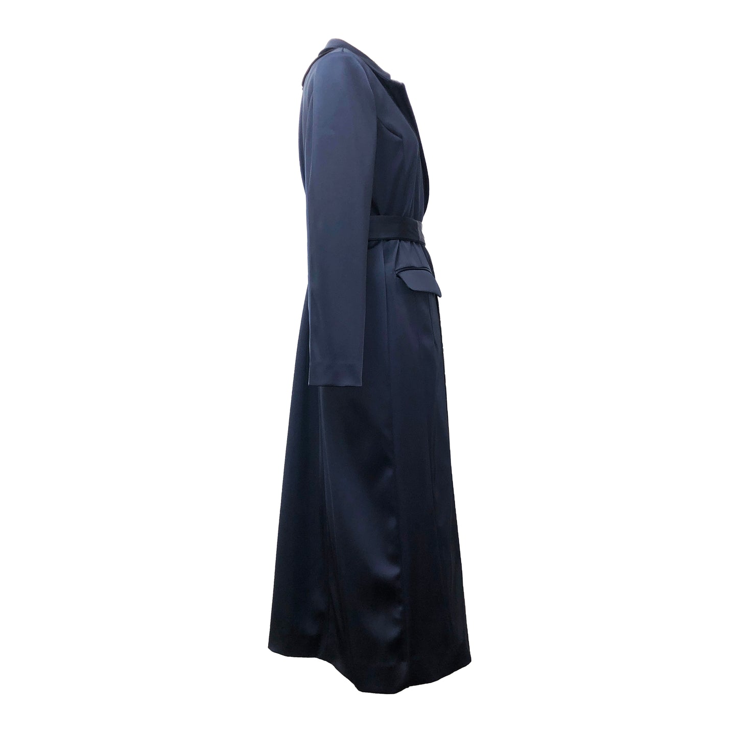 Side of navy stretch satin coat with transformable zippers and self tie belt