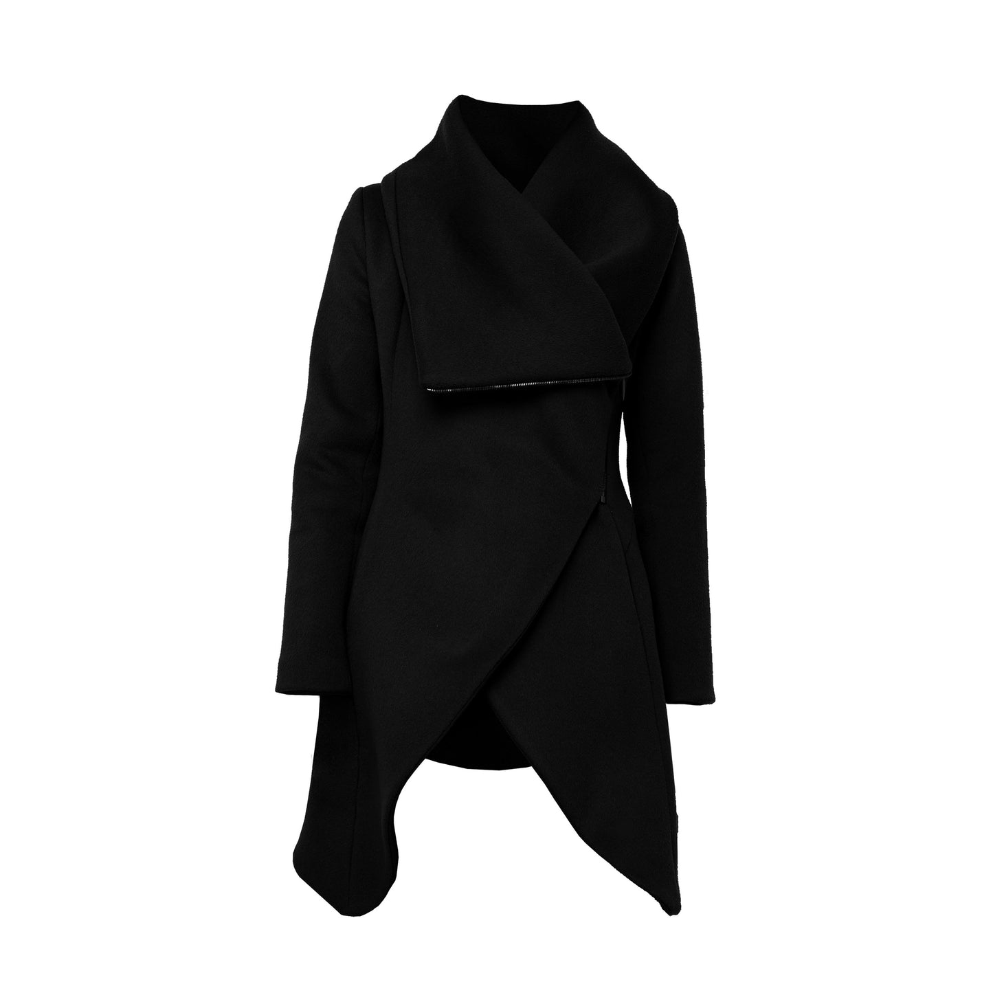 Black sculptural coat with asymmetric closure and hem line, with front zipper