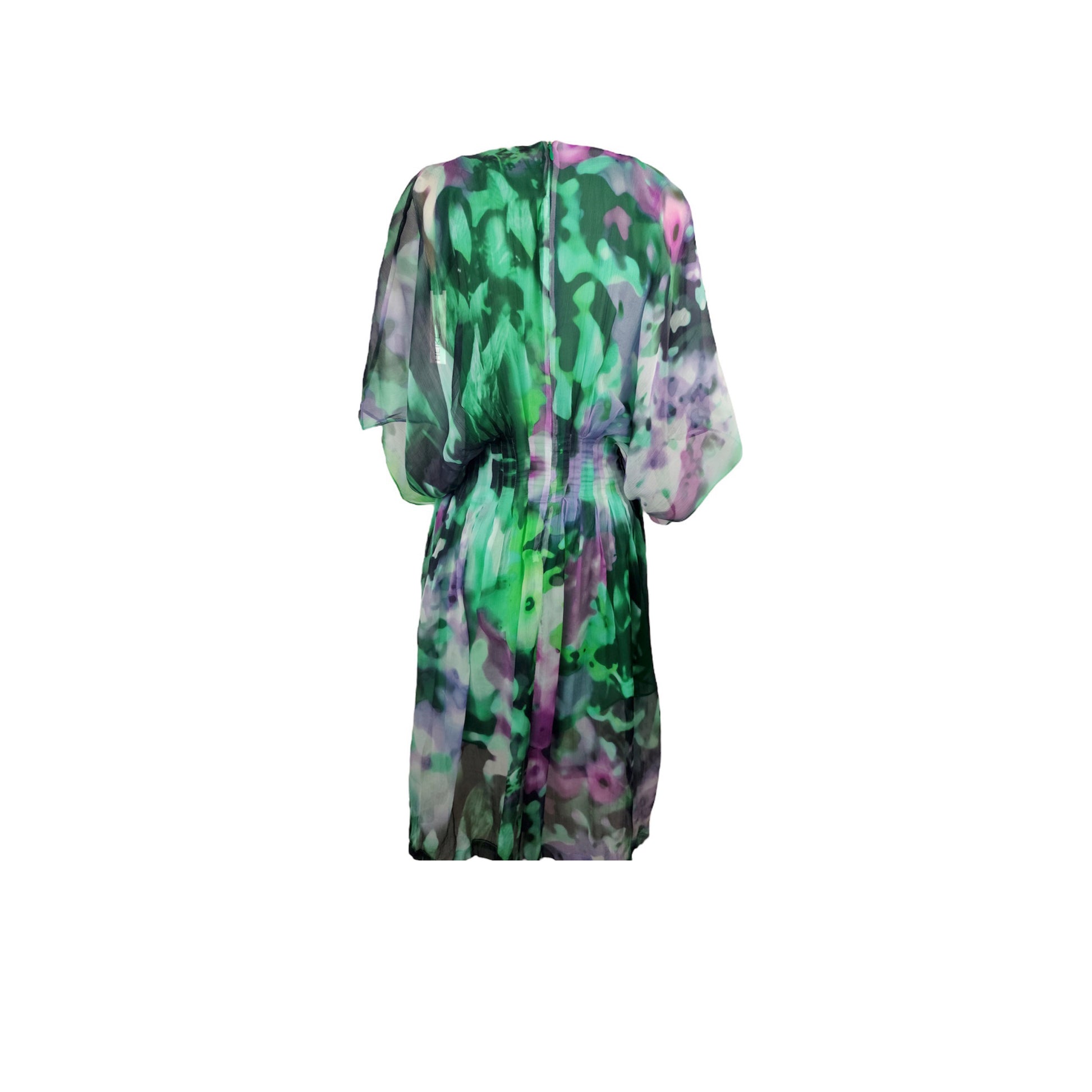 Back of abstract printed green loose fitted V neck dress with an integrated corset waist