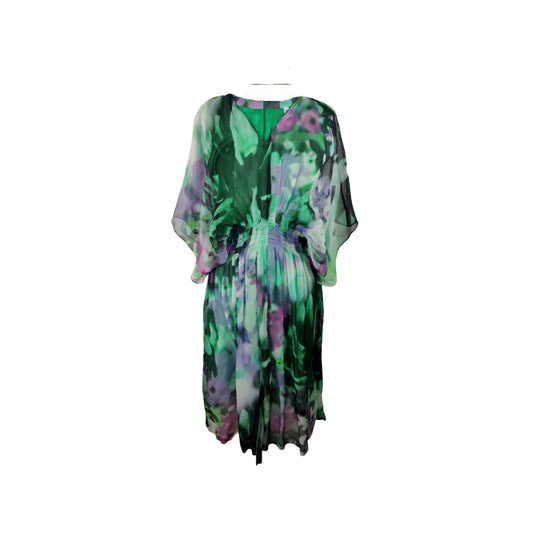 Abstract printed green loose v neck dress with an integrated corset waist