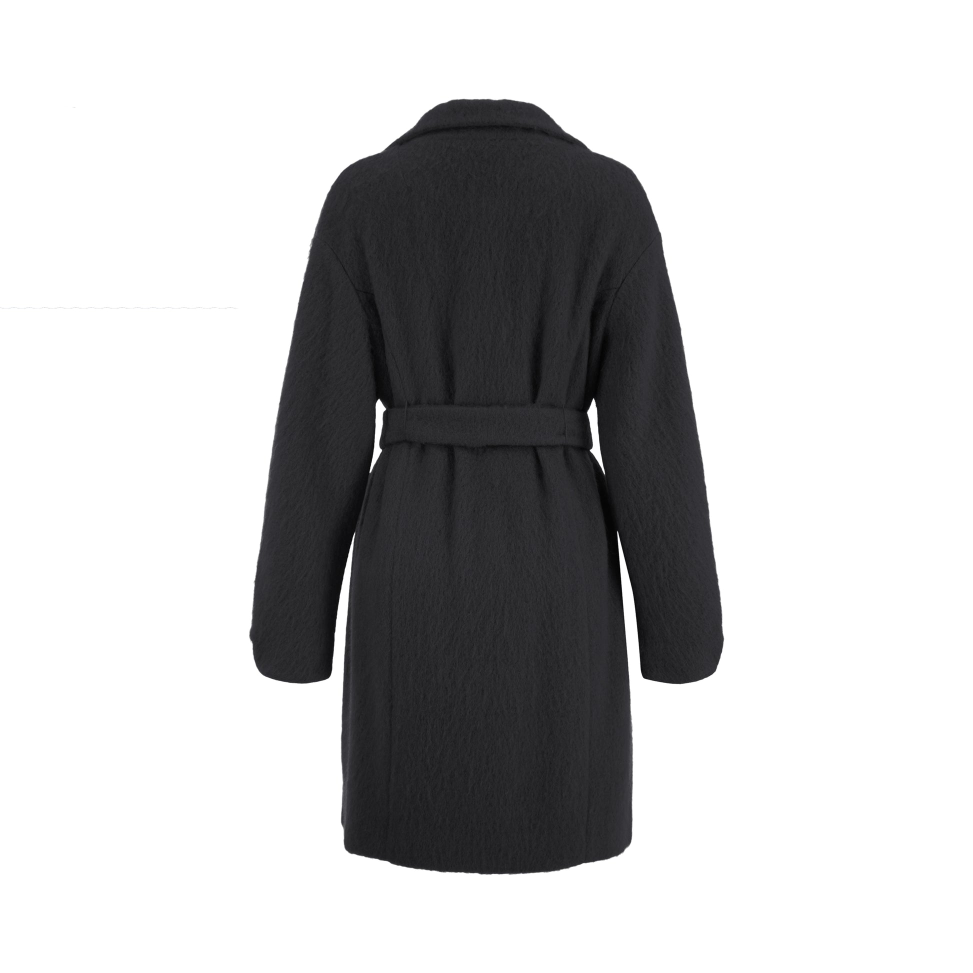 Back of black mohair double breasted coat with wide collar cut and double self tie belt