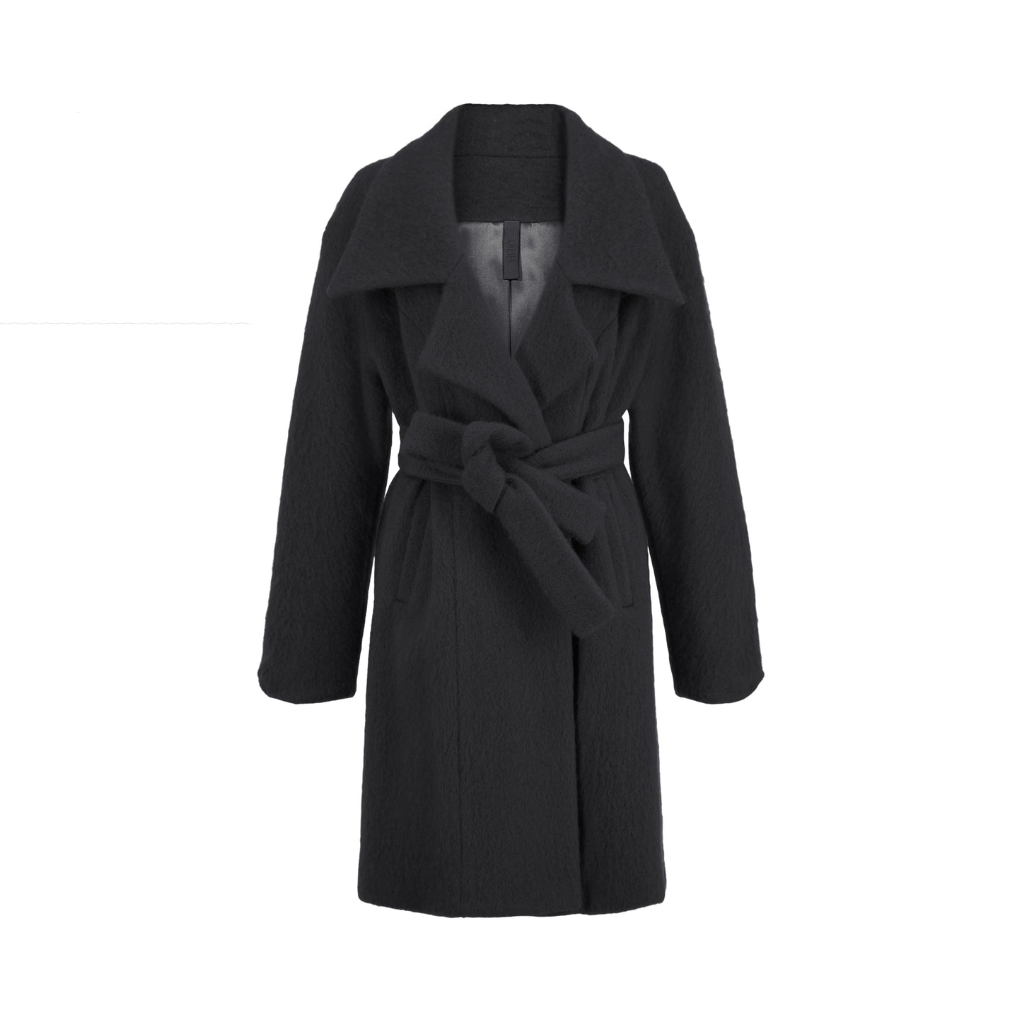 Mohair double breasted coat with wide collar cut and double self tie belt in black