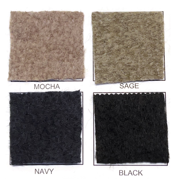 Fabric samples of classic maxicoat made of mohair blend with wool, Mocha, Sage, Navy, Black