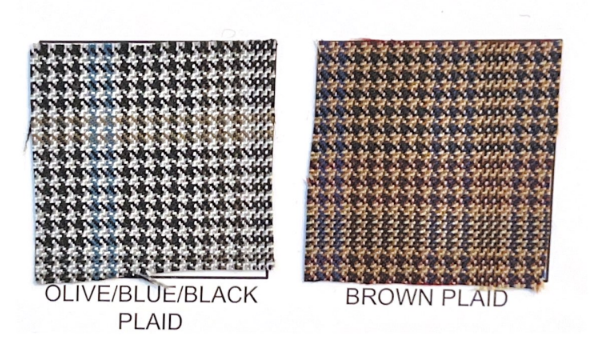 Sample fabrics for wool bias-cut double breasted blazer, olive, blue, and black plaid, and brown plaid