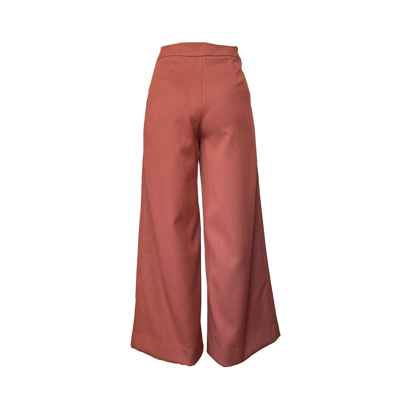 Back of wool blend high waisted flared pants, made in solid fabric in rust red