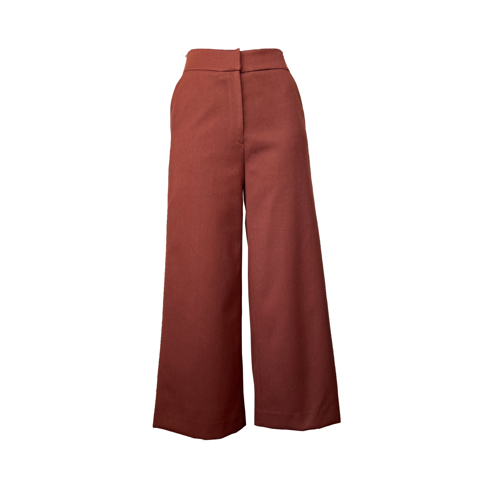 Wool blend high waisted flared pants, made in solid fabric in rust red