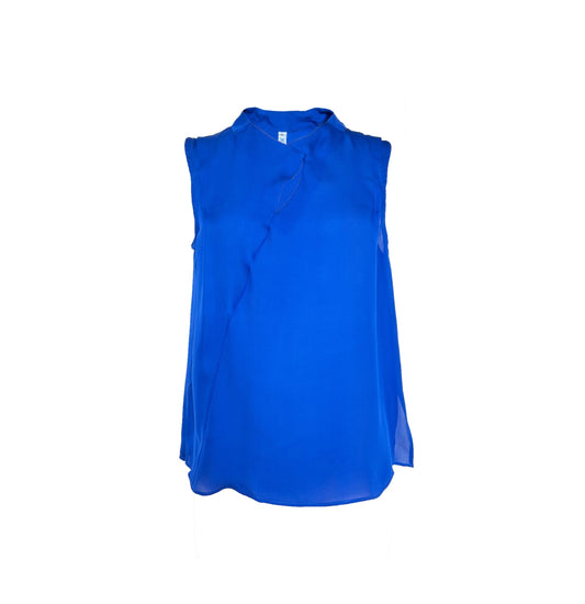 Silk asymmetric top in royal blue with snap closures and stand collar