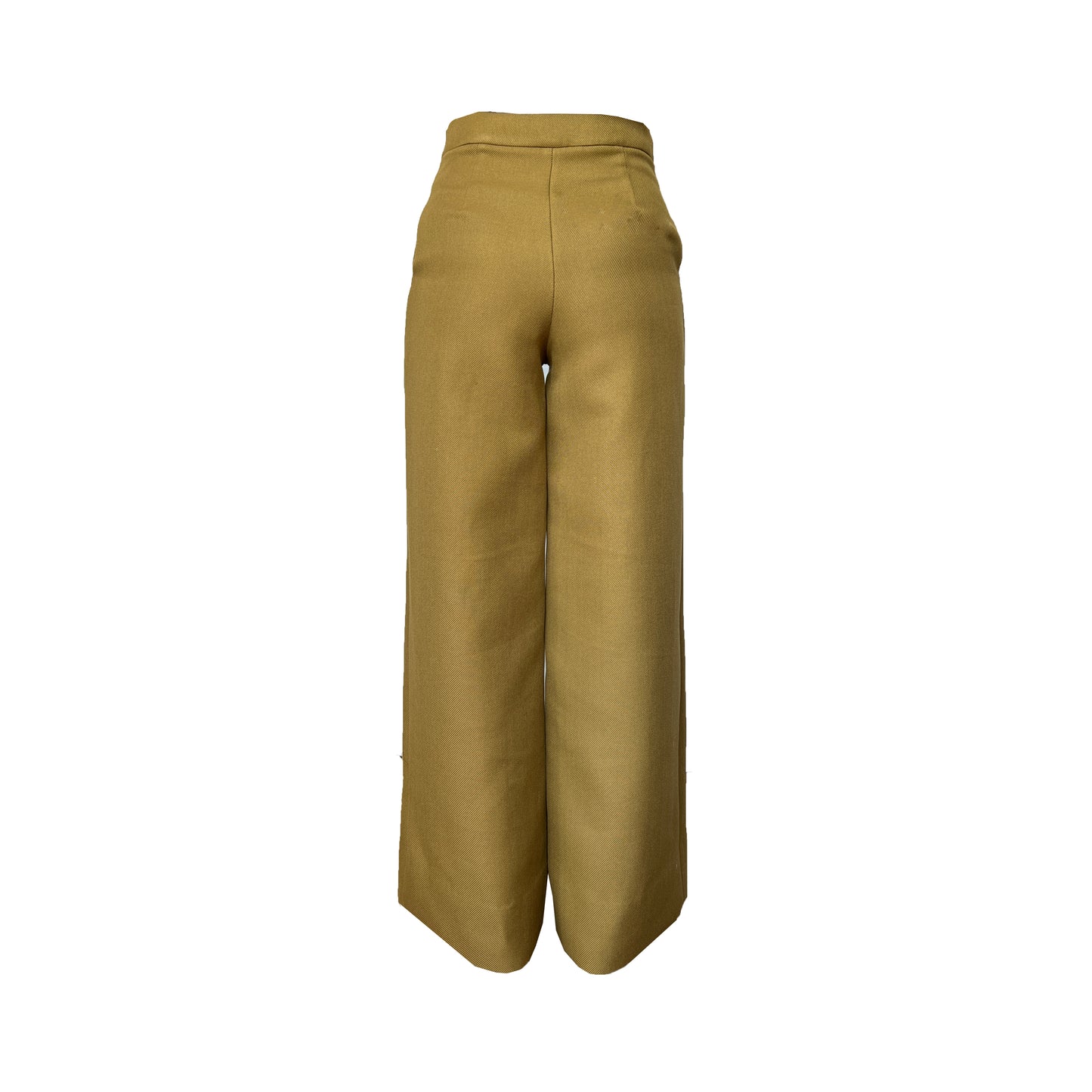 Back of brown dark mustard two tone high-waisted wide leg pant with slanted side seam