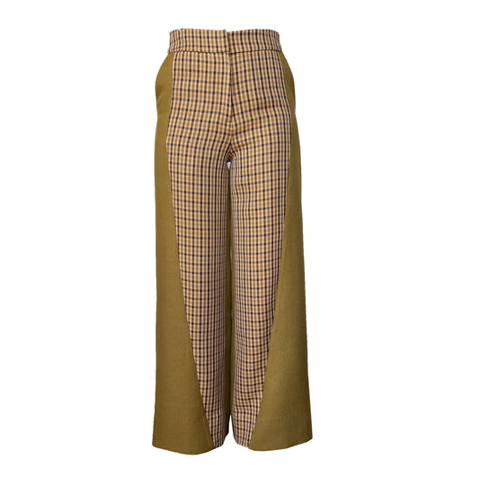 Brown dark mustard two tone high-waisted wide leg pant with slanted side seam