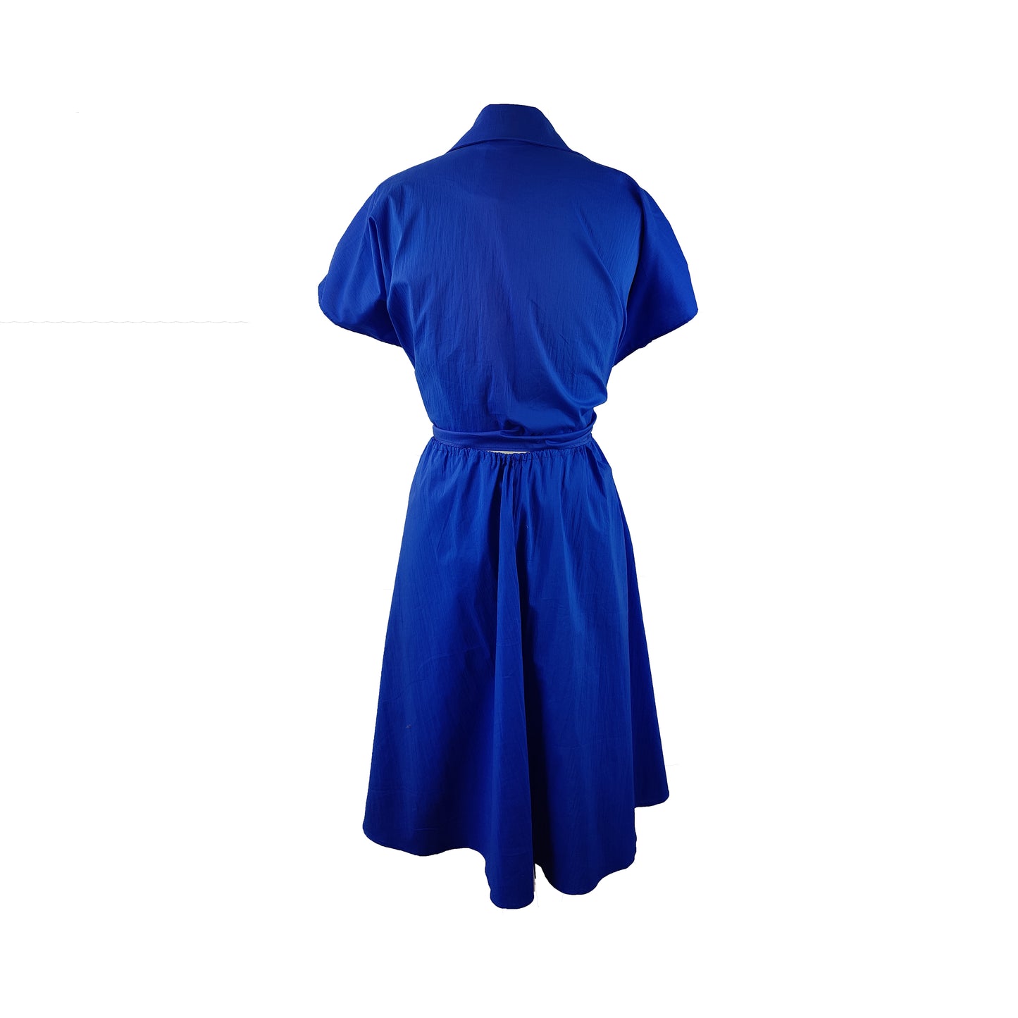 Back of cupro dress in cobalt blue with button detailing and adjustable waist styled as belt