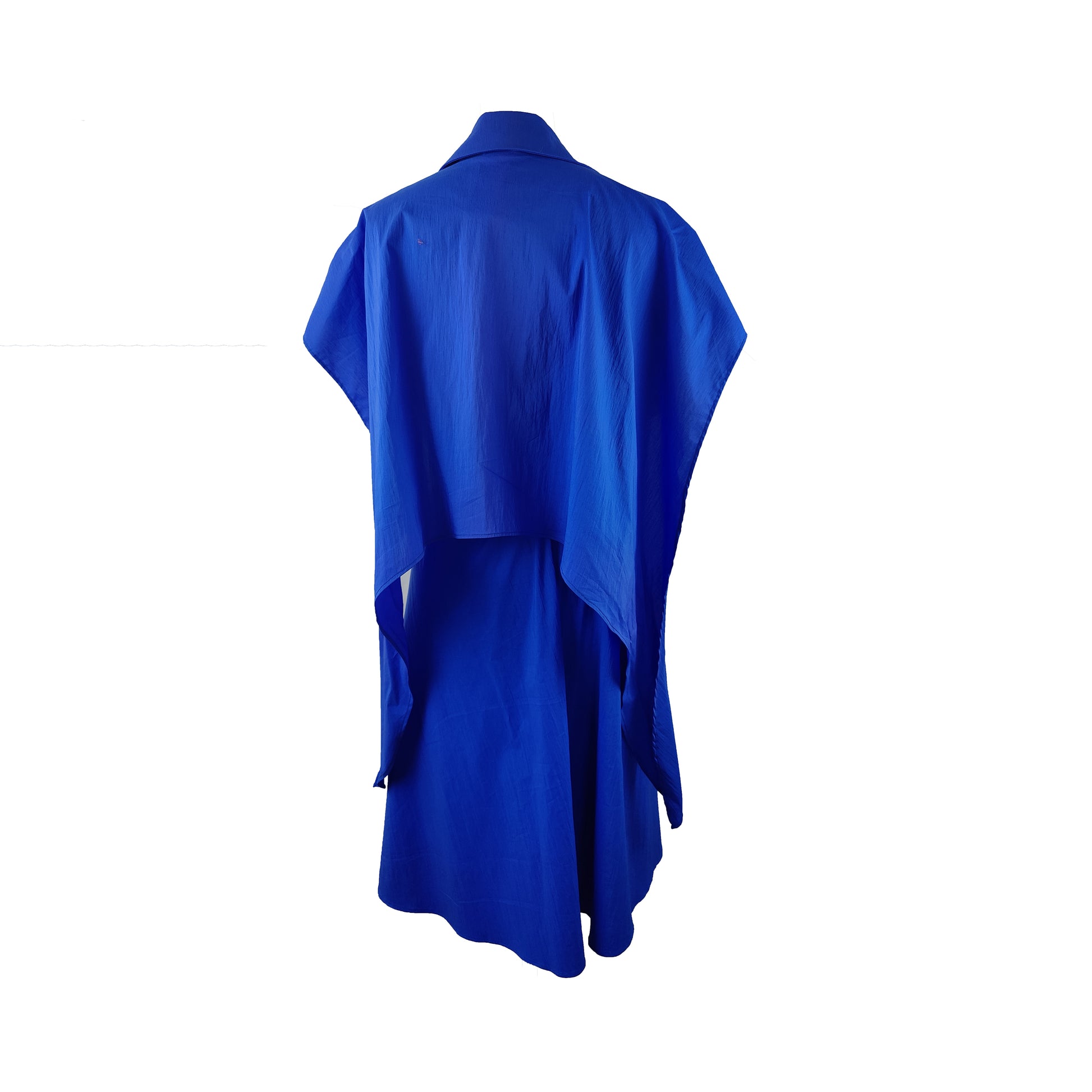 Back of cupro dress in cobalt blue with button detailing and adjustable waist