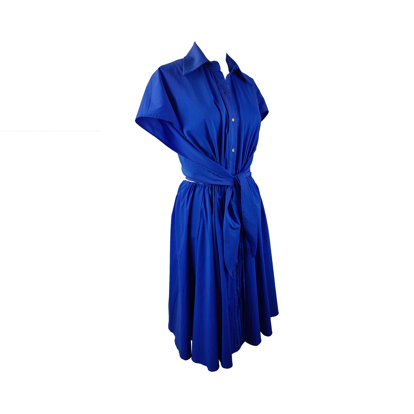 Side of cupro cobalt blue dress with button detailing and adjustable waist styled as belt