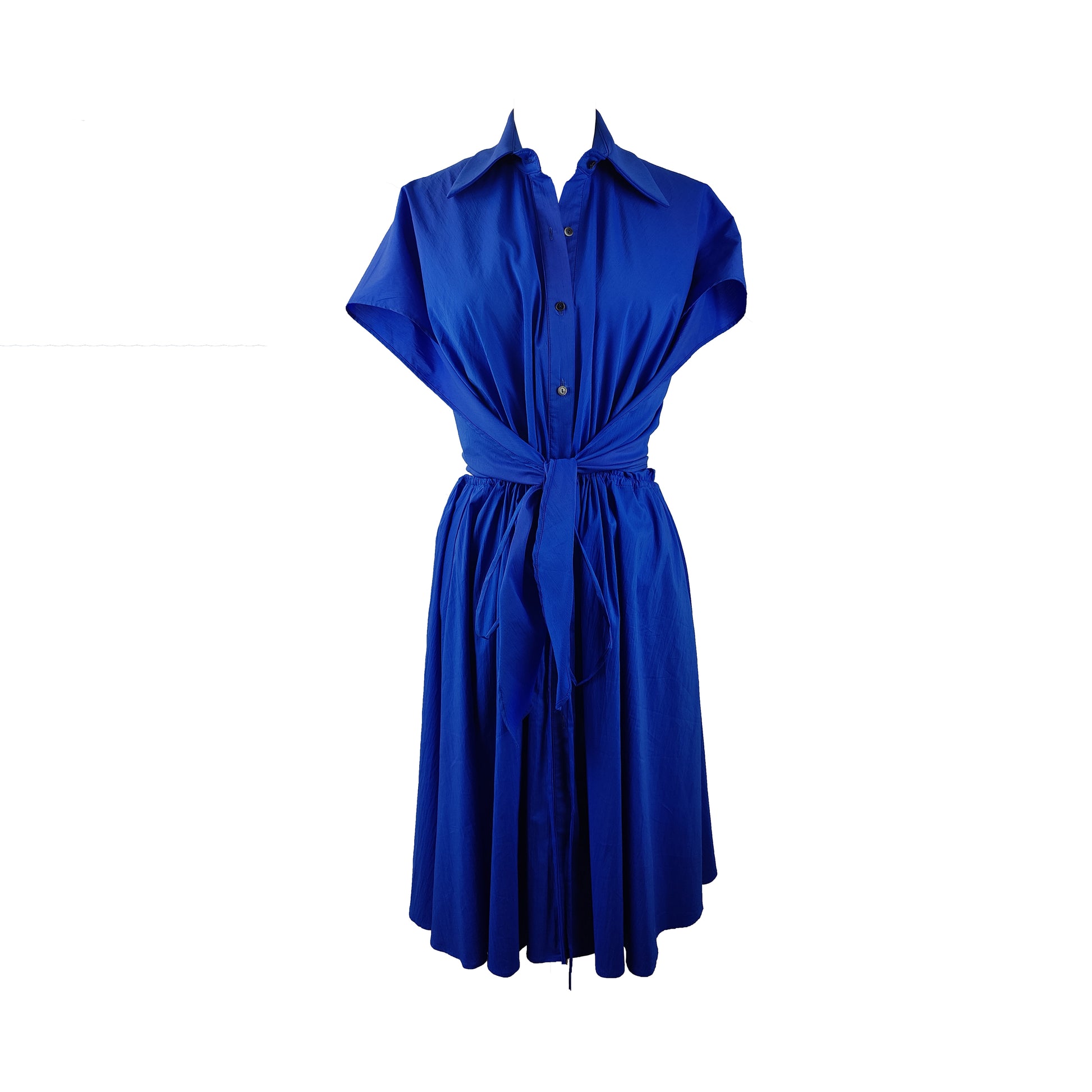 Cupro cobalt blue dress with button detailing and adjustable waist