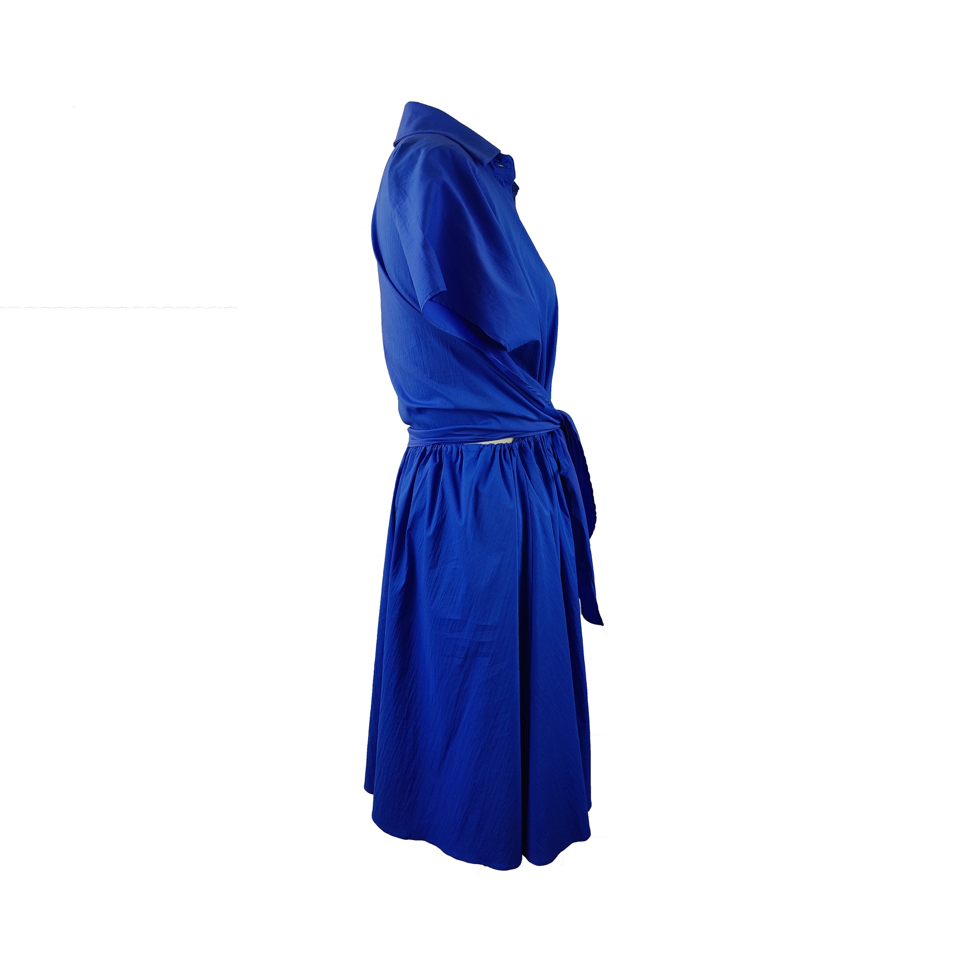 Side of cupro dress in cobalt blue with button detailing and adjustable waist styled as belt