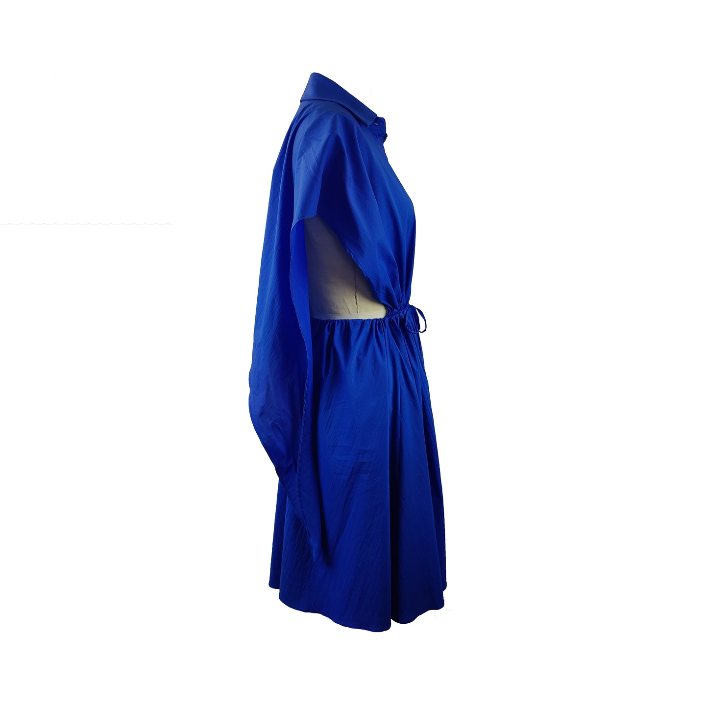 Side of cupro cobalt blue dress with button detailing and adjustable waist