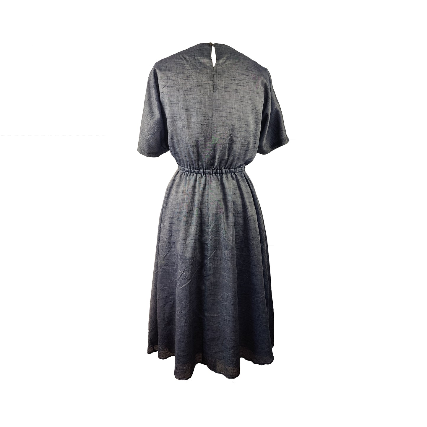 Back of denim blue midi dress with drawstring detail, adjustable sleeves, and gathered waist